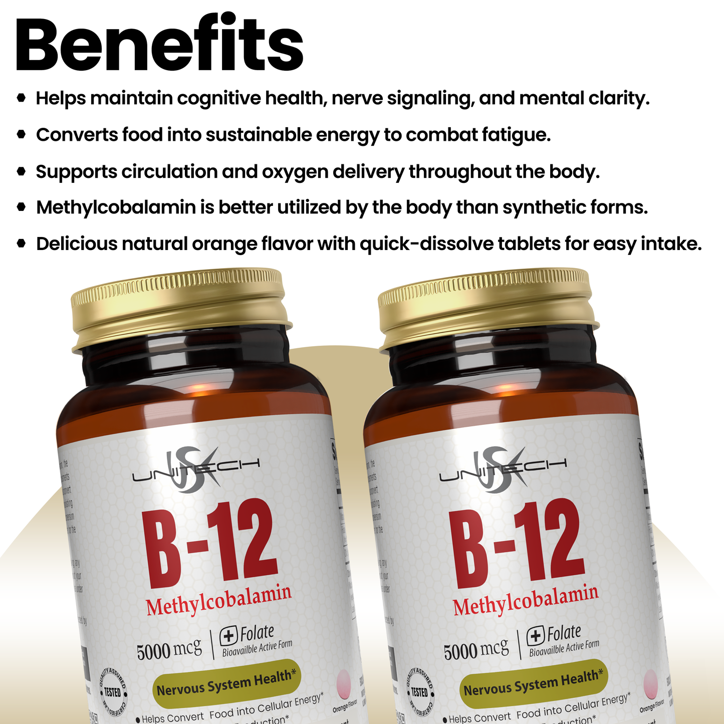 Unitech USK B-12 Methylcobalamin (5000 mcg + Folate) | Supports Nervous System, Energy Production & Food Conversion | Rich in Xylitol & Mannitol | Vitamin B12 Supplement | Orange Flavor, 120 Tablets