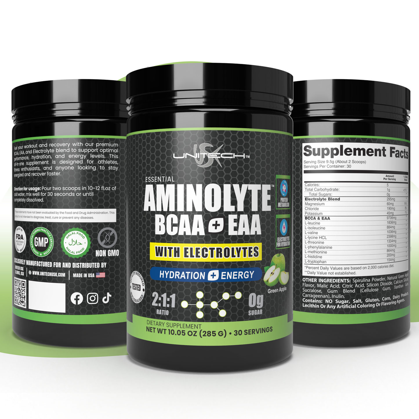 Unitech USK AminoLyte BCAA + EAA & Electrolytes Powder | Rich with Essential Amino Acids | Muscle Recovery & Hydration | Endurance & Performance Support | Dietary Supplement | Green Apple Flavor, 285g