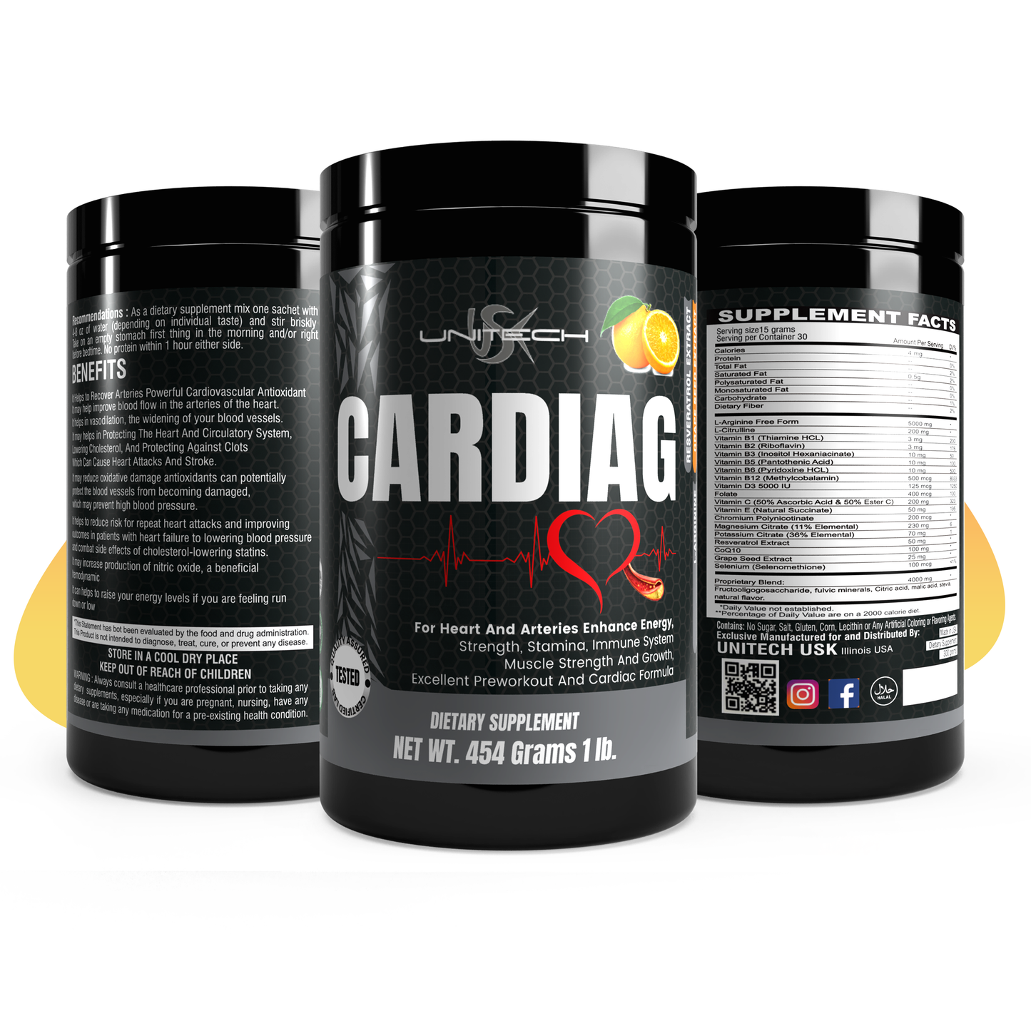 Unitech USK | Cardiag Orange Powder | Natural Supplement for Cardiovascular Support | L-Arginine, L-Citrulline, Orange Seed Extract, Resveratrol, and Coenzyme Q10 | 16 oz