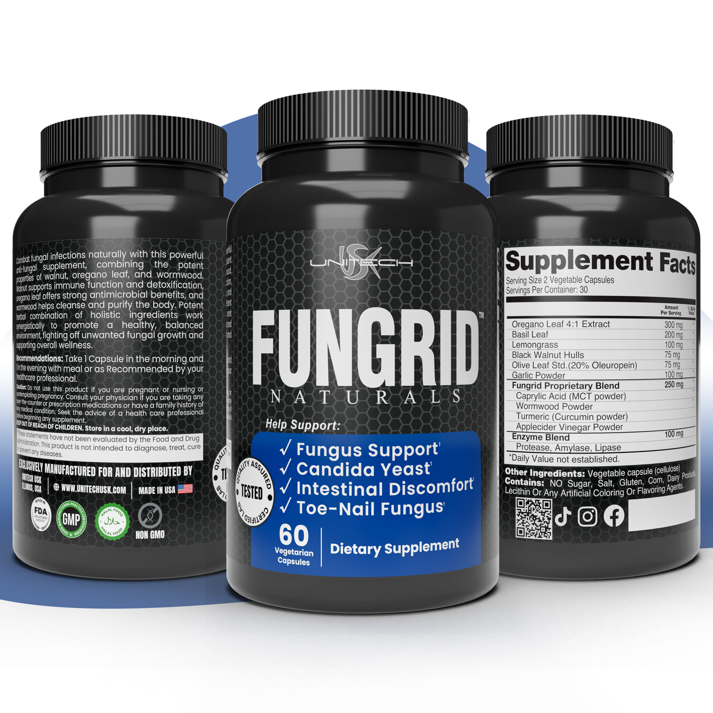 Unitech USK Fungrid Naturals | Fungus Support Supplement | Candida Supports, Intestinal Health & Toe Nails Health | Herbal Blend with Walnut, Oregano Leaf & Wormwood | 60 Vegetarian Capsules