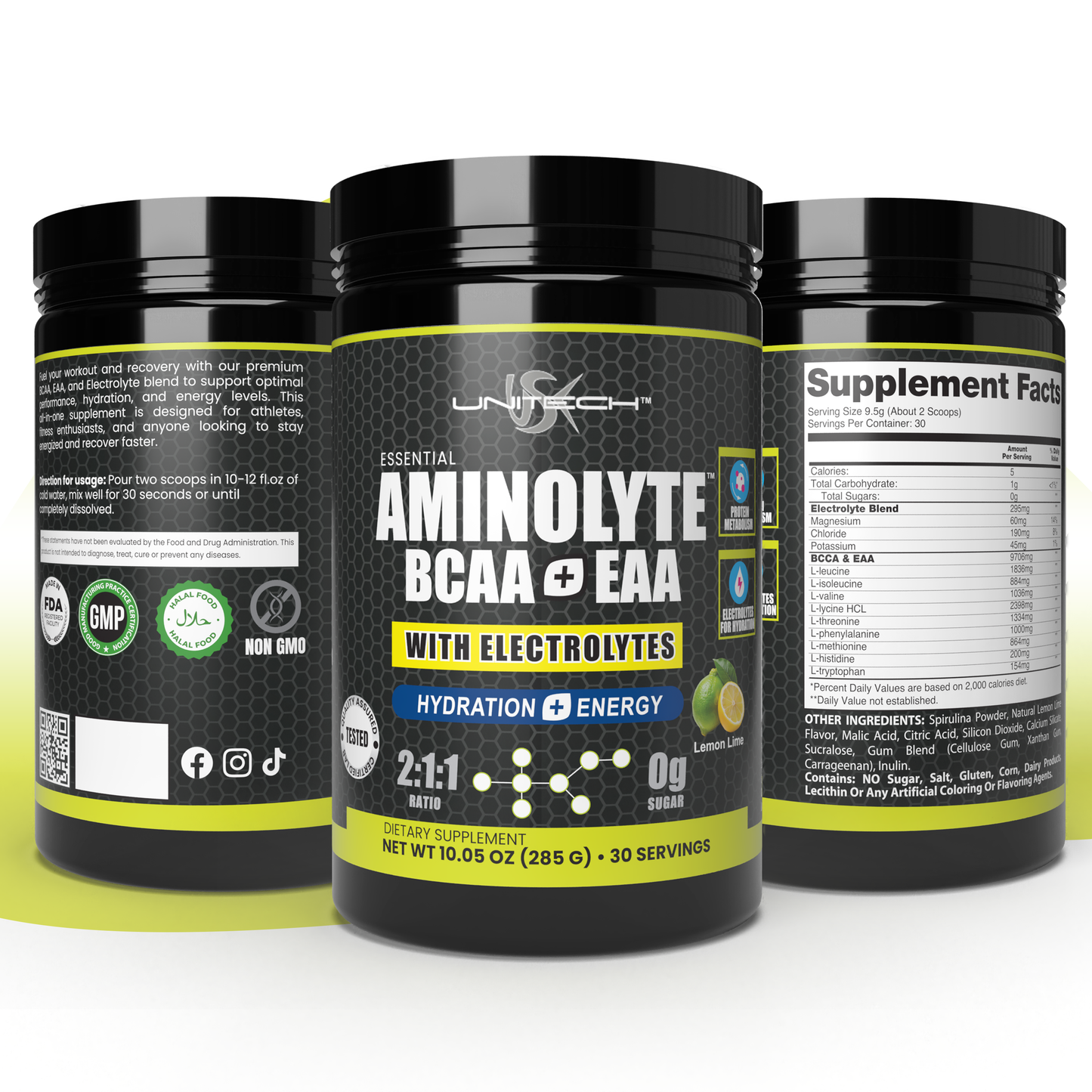 Unitech USK AminoLyte BCAA + EAA & Electrolytes Powder | Rich with Essential Amino Acids | Muscle Recovery & Hydration | Endurance & Performance Support | Dietary Supplement | Lemon Lime Flavor, 285g