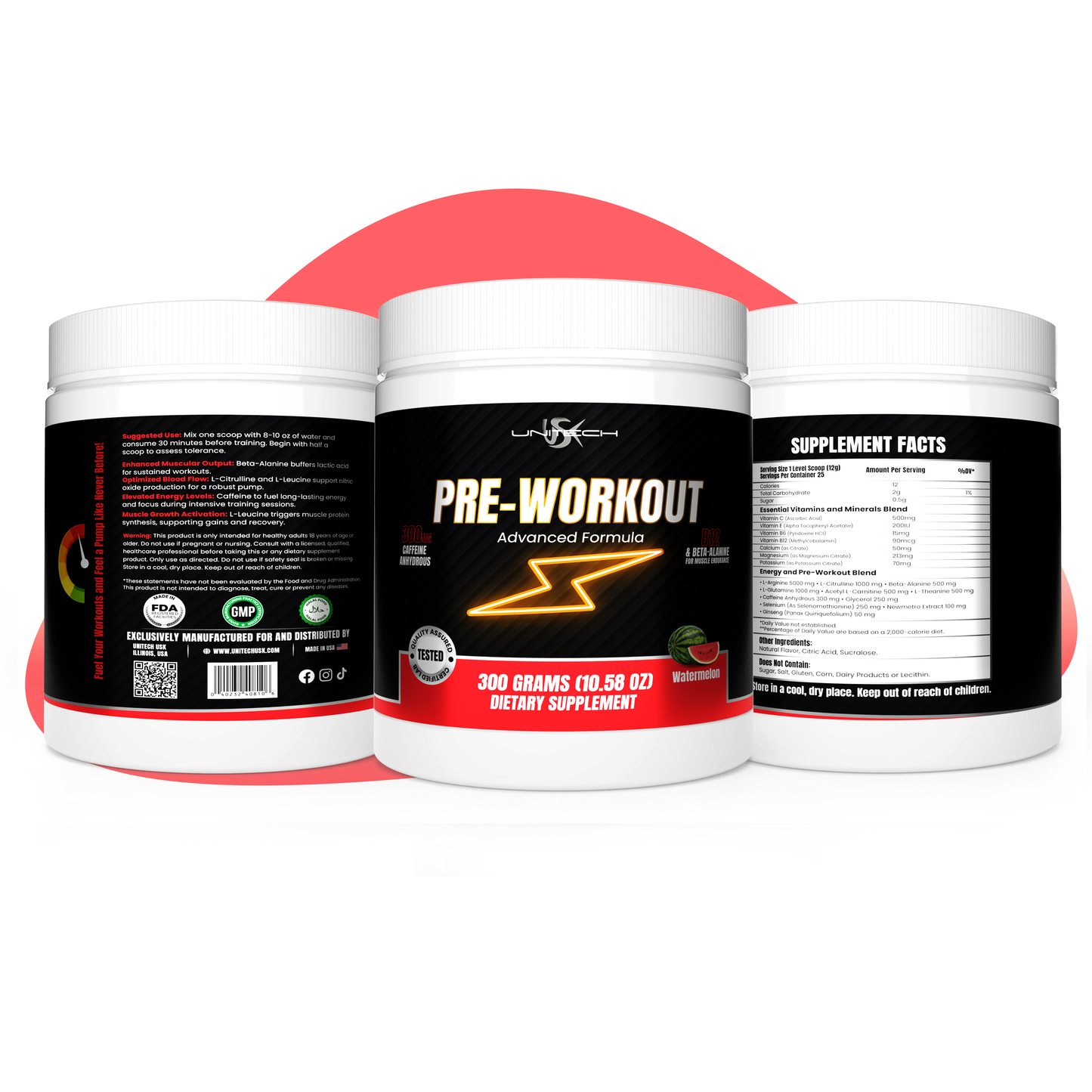 Unitech USK | Sparktech Pre Workout Powder | Energy Boost for Improved Performance, Strength & Focus | Rich with Vitamin C, B-Vitamins, Electrolytes & Amino Acids | Watermelon Flavor, 300g