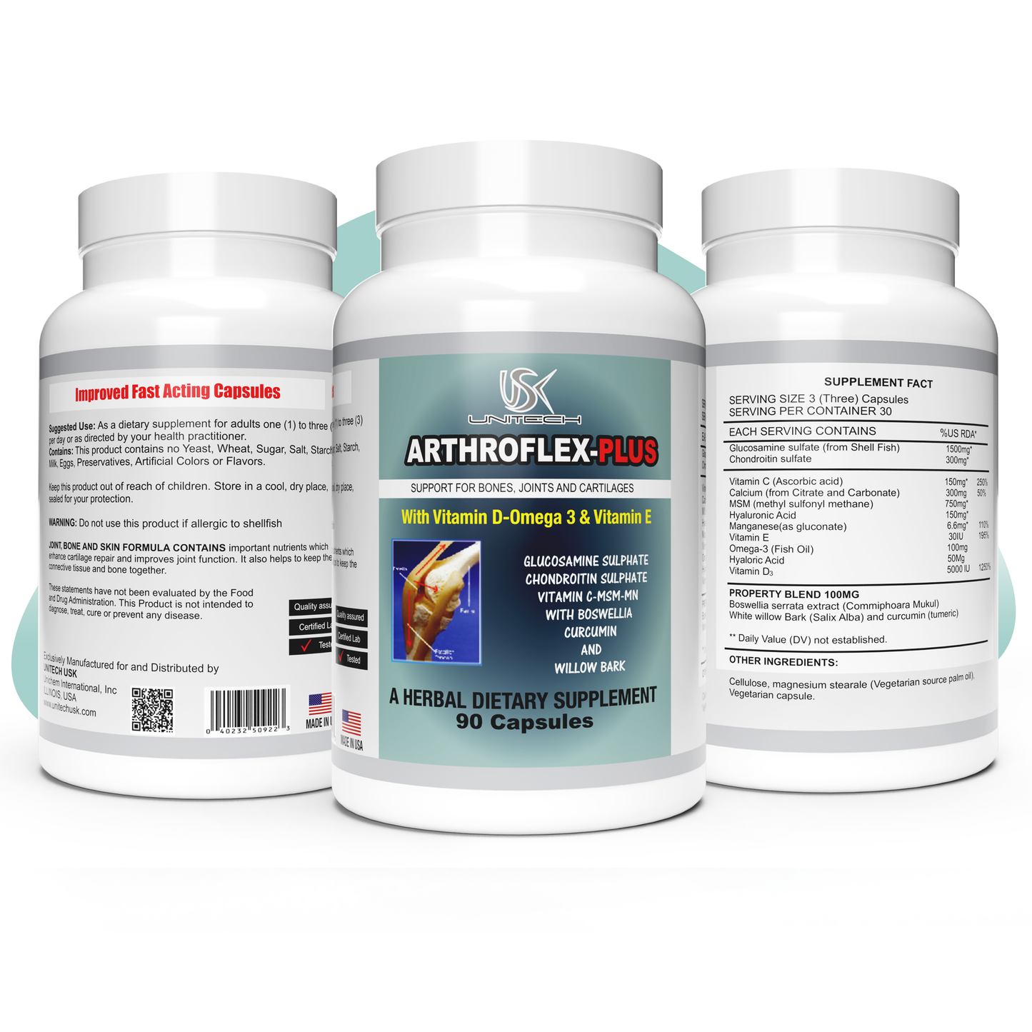 USK ARTHROFLEX-PLUS | Joint Health Supplement | Natural Ingredients with Glucosamine, Chondroitin, & Turmeric | Cartilage Repair, Bone Strength, Flexibility, & Mobility for Men & Women | 90 Capsules