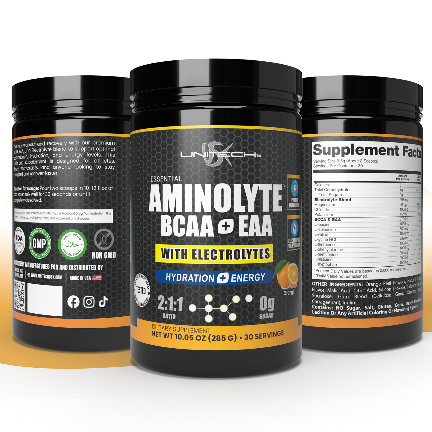 Unitech USK AminoLyte BCAA + EAA & Electrolytes Powder | Rich with Essential Amino Acids | Muscle Recovery & Hydration | Endurance & Performance Support | Dietary Supplement | Orange Flavor, 285g