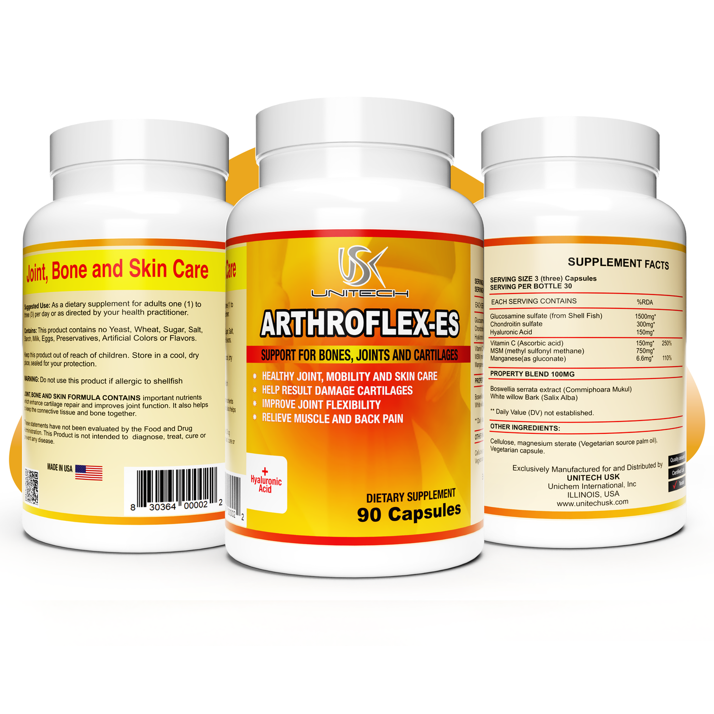 USK ARTHROFLEX-ES | Joint Support Supplement | All-Natural Formula with Glucosamine Chondroitin, MSM, & Turmeric | Joint Support Function, Comfort, Density & Flexibility | 90 Capsules