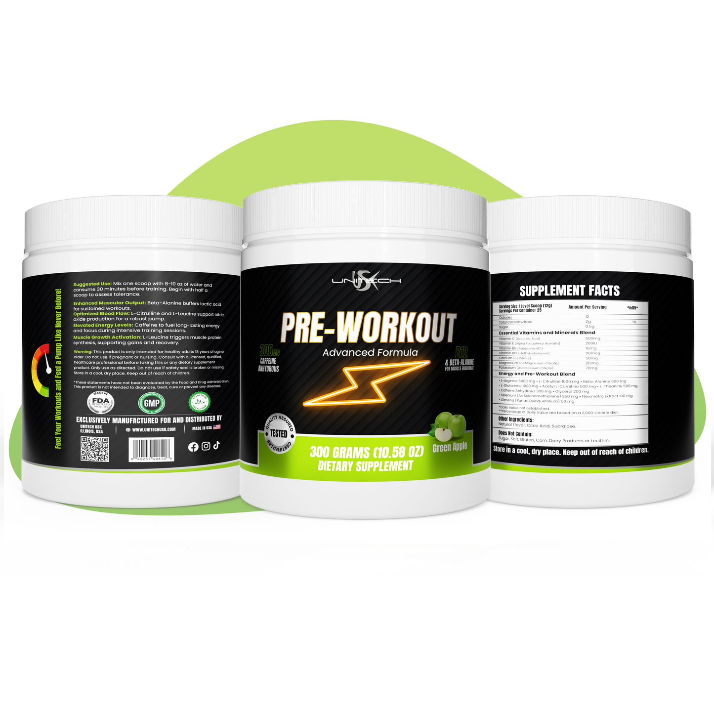 Unitech USK | Sparktech Pre Workout Powder | Energy Boost for Improved Performance, Strength & Focus | Rich with Vitamin C, B-Vitamins, Electrolytes & Amino Acids | Green Apple Flavor, 300g