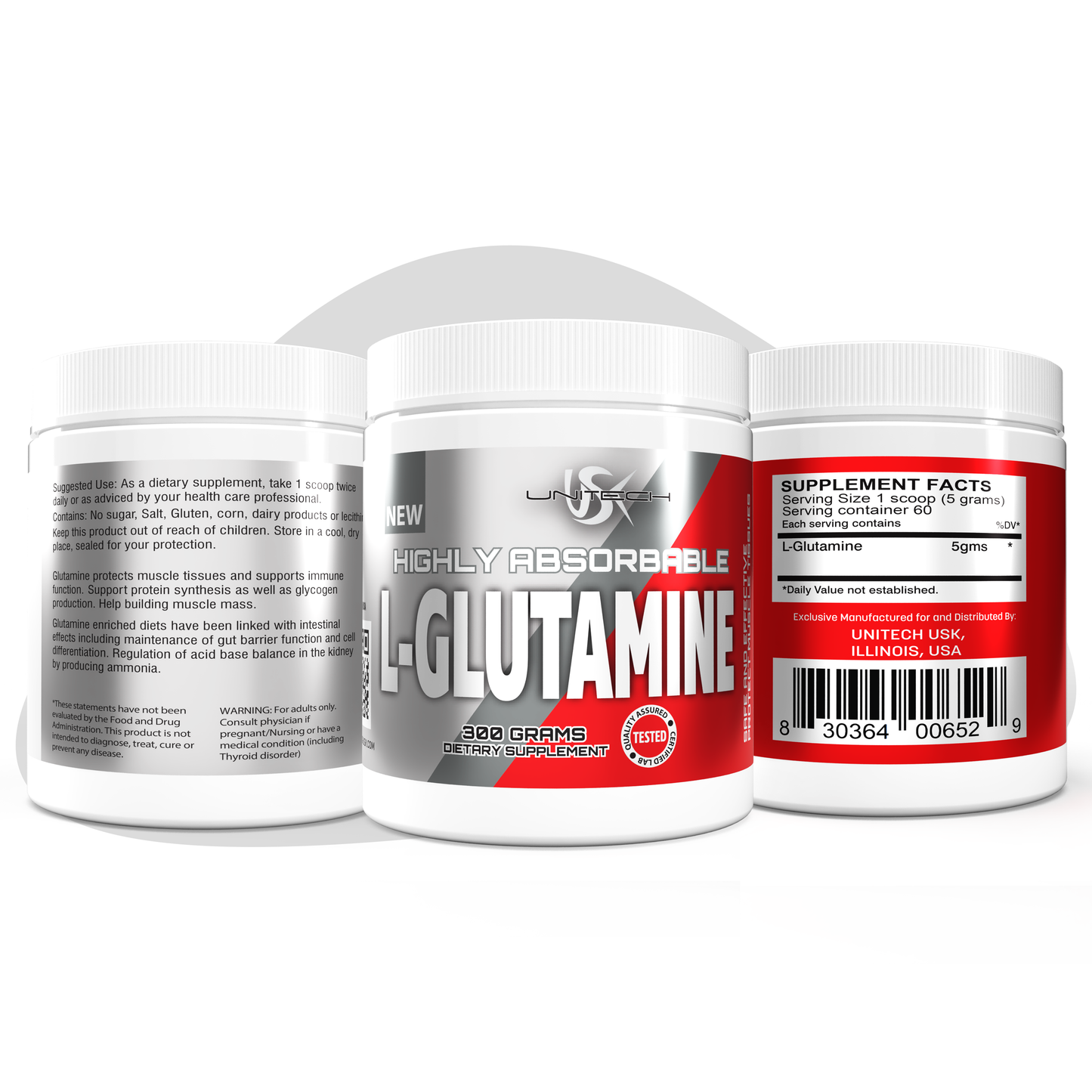 Unitech USK | L-Glutamine | Supports Muscle Recovery, Protein Synthesis, Gut Health, Immune Function, & pH Balance | Amino Acid Supplement for Fitness | Easily Mix Water & Shake, 300g