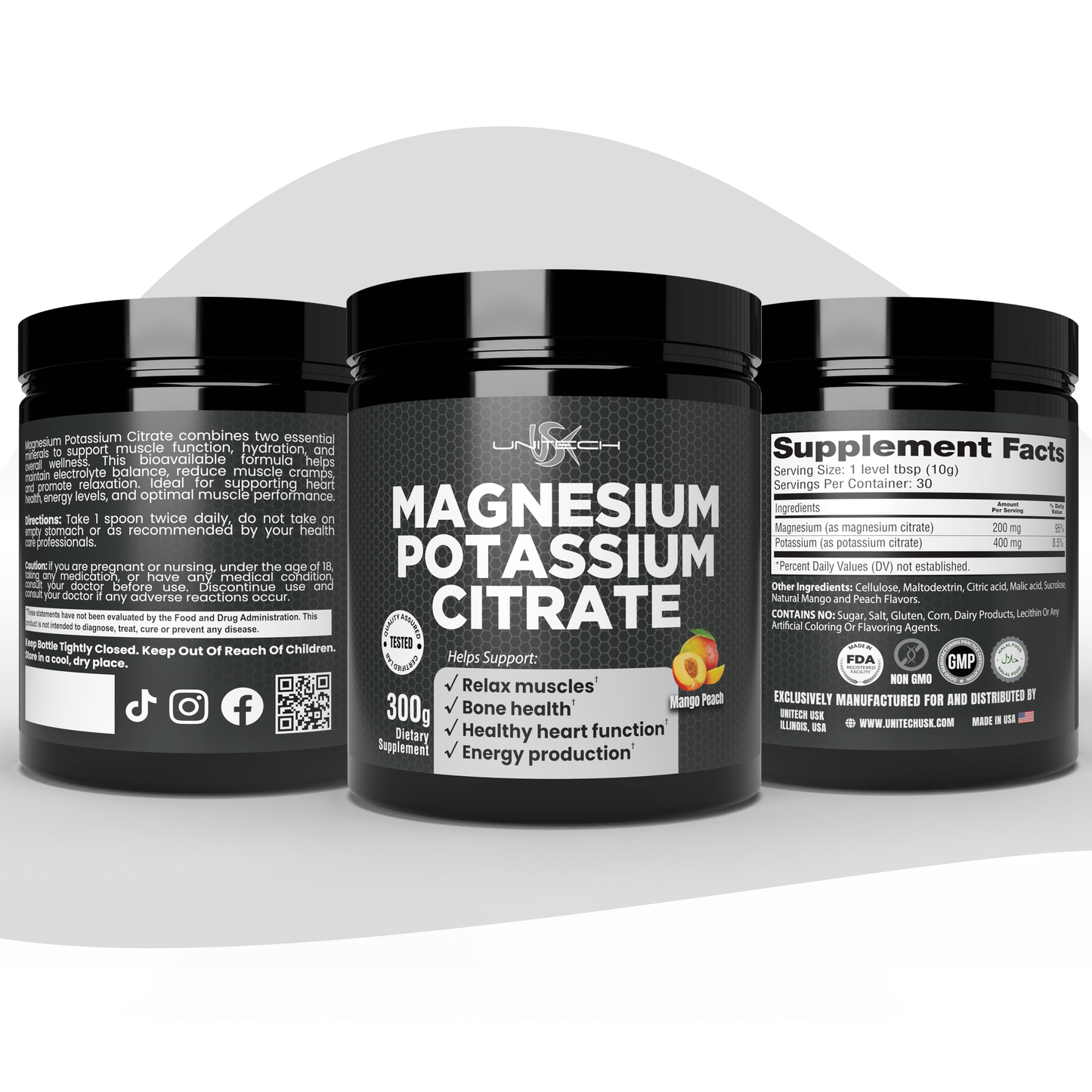 Unitech USK Magnesium Potassium Citrate Powder | Supports Muscle Relaxer, Bone Health, Heart Function & Energy supplements | Rich with Magnesium, Potassium, & Vitamins | Mango Peach Flavor, 300g