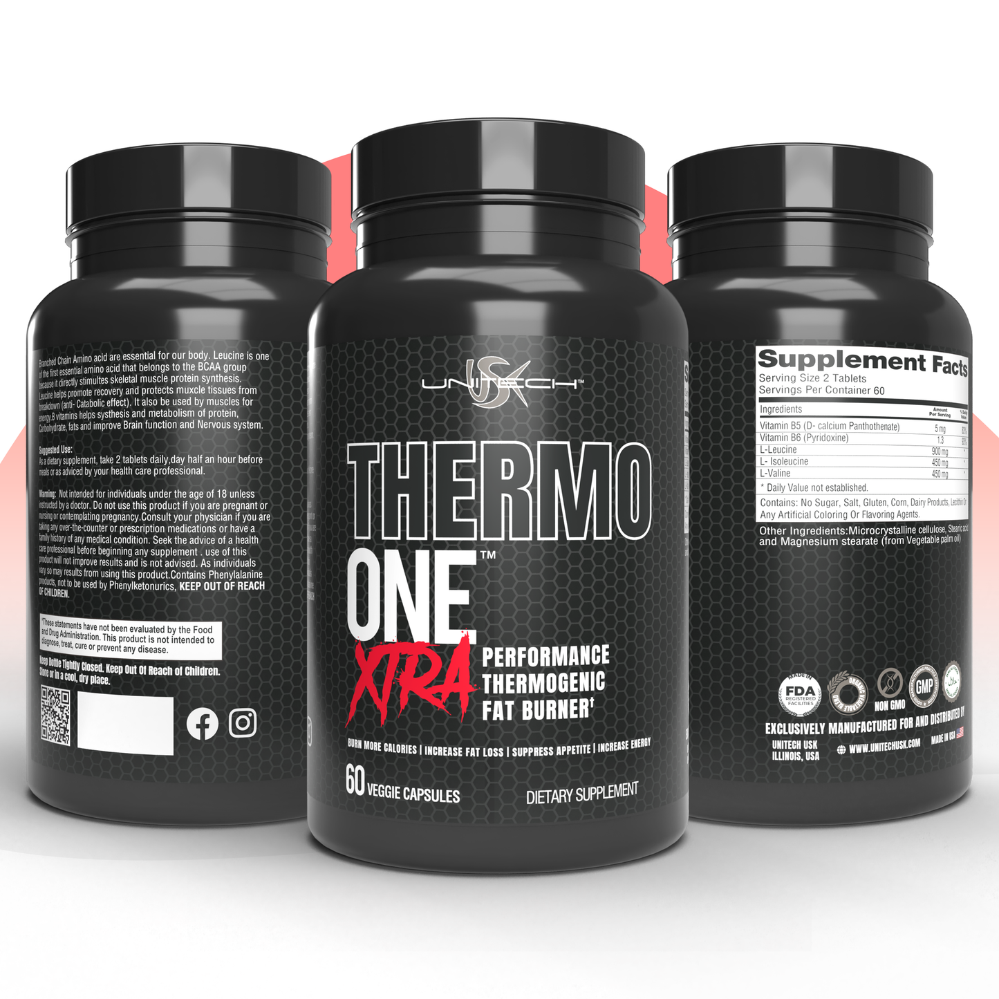 Unitech USK Thermo ONE Xtra Performance | Thermogenic Fat Burner for Weight Loss & Energy | Appetite Suppressant with BCAA & Leucine for Muscle Recovery | B Vitamins for Metabolism & Focus | 60 Caps