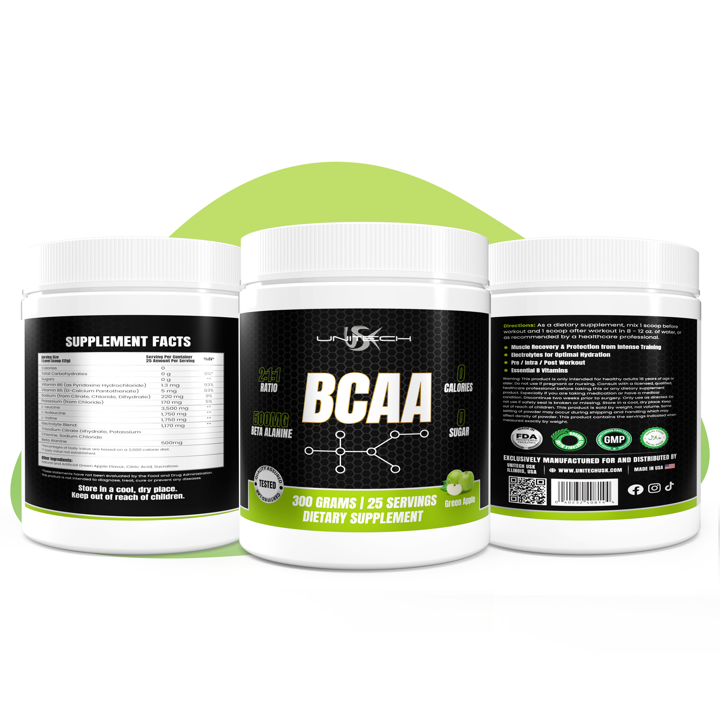 Unitech USK | BCAA | Muscle Recovery, Endurance Support, & Nutrient Absorption | Vitamin C, B6, Valine, Leucine & Isoleucine | Health Supplement | Green Apple Flavor, 5LB