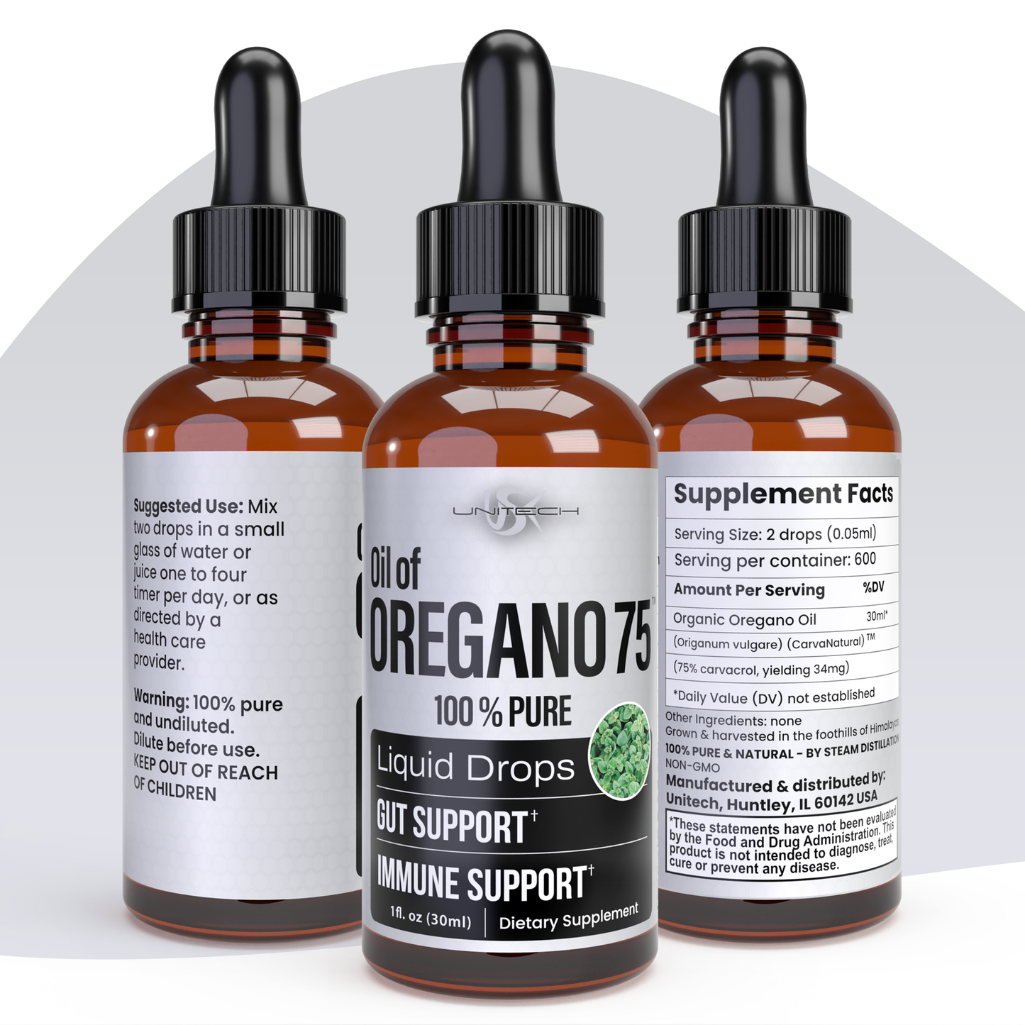 Unitech USK Oreganil 75 Essential Oil | 100% Pure & Natural Oil of Oregano for Immune Support & Wellness | Herbal Extract with Carvacrol & Thymol | Respiratory Support & Digestive Health | 1 fl oz