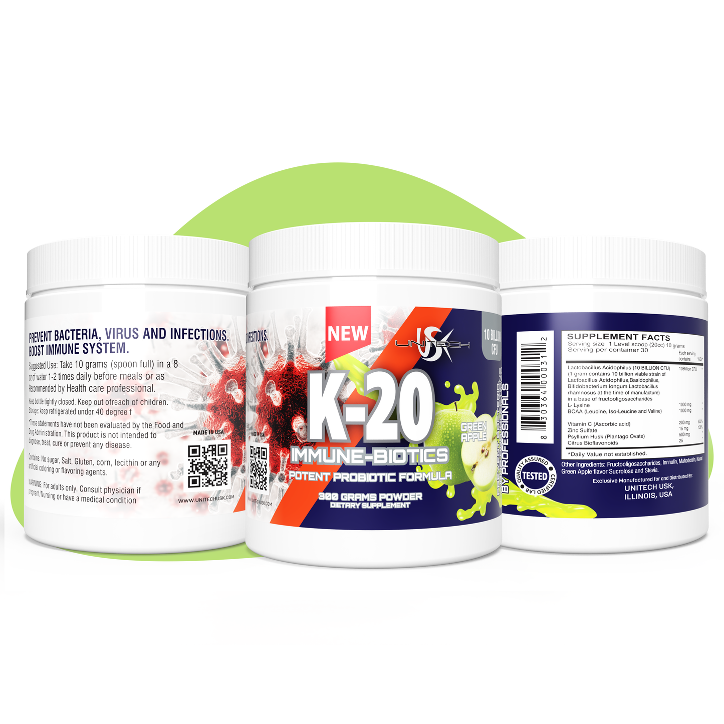 Unitech USK | K-20 Probiotics Powder | Immune Support Supplement | Rich with Vitamin C Zinc, & Lactobacillus Acidophilus | Natural Immune Booster for Enhanced Health & Vitality | Green Apple Flavor, 80oz