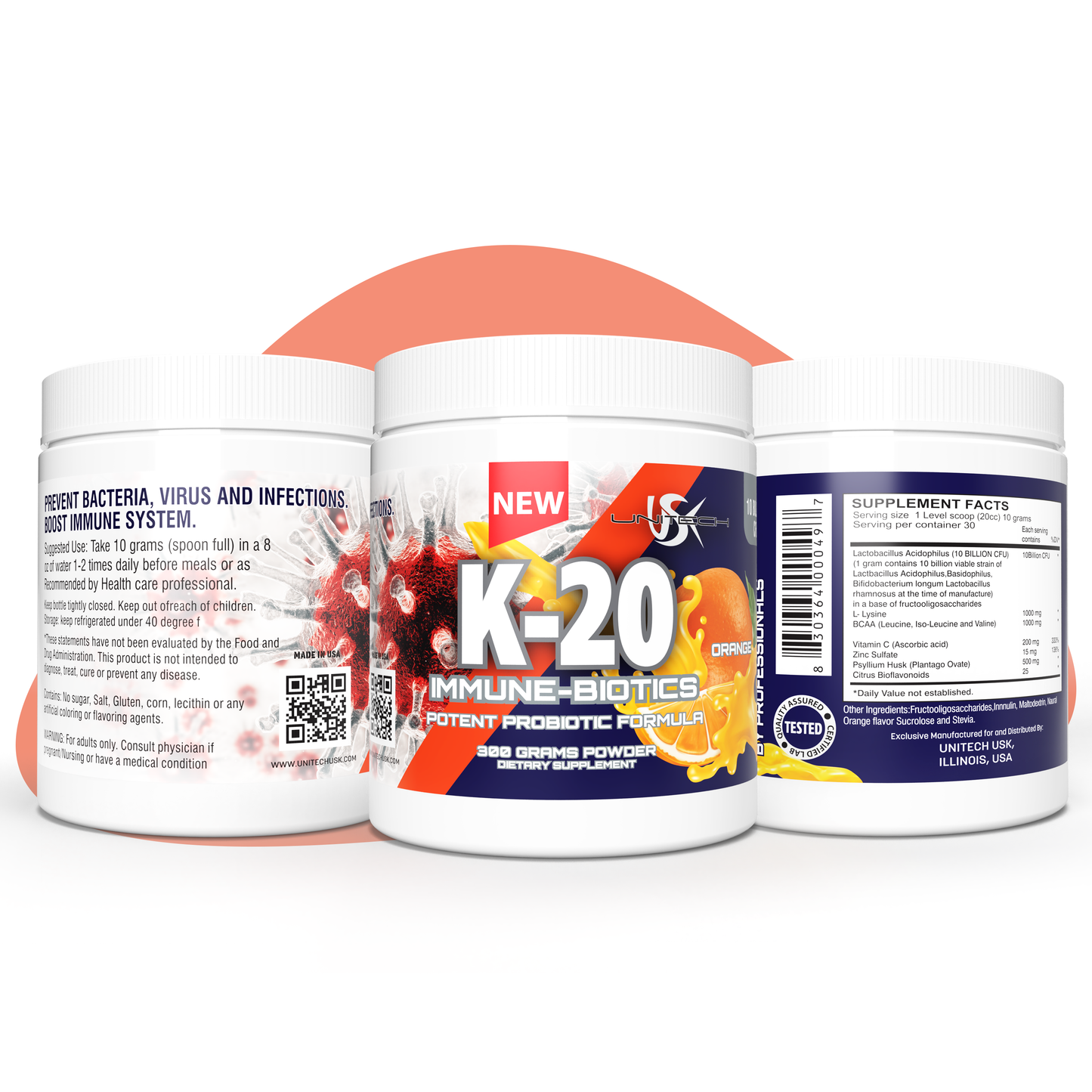 Unitech USK | K-20 Orange Powder | Immune Support Supplement | Rich with Vitamin C Zinc, & Lactobacillus Acidophilus | All Natural Immune Booster for Enhanced Health & Vitality | Orange Flavor, 80oz
