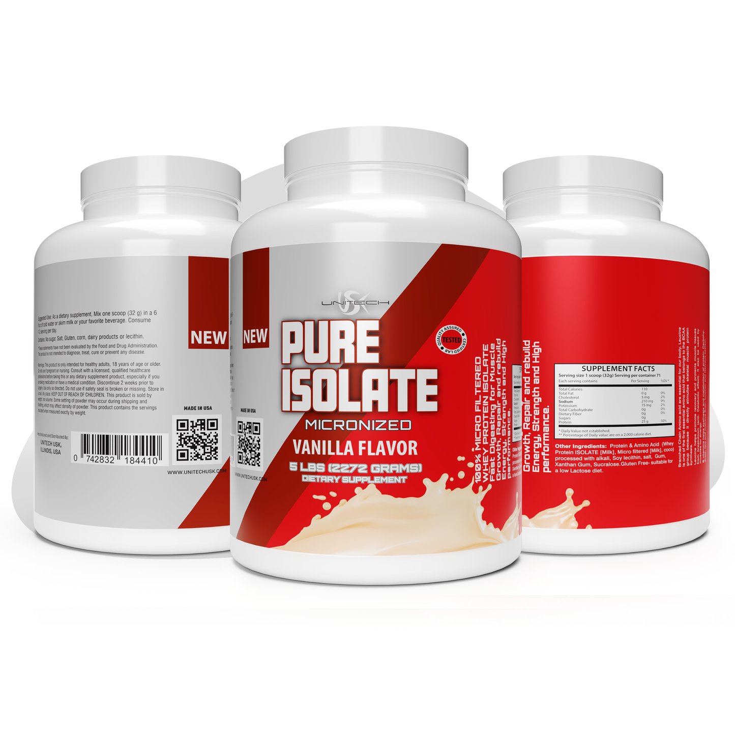 Unitech USK | Pure Isolate | Quality Protein for Muscle Recovery, Growth & Energy | Low Carb, & Fat | Rich in Essential Amino Acids | Easy to Mix | Vanilla Flavor, 80oz