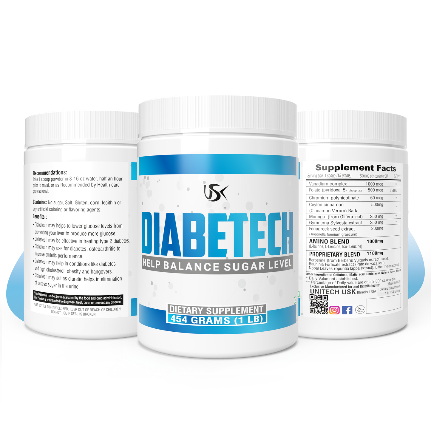 Unitech USK | Diabetech Powder | Natural Blood Sugar Support Supplement with Fenugreek, Ceylon Cinnamon, Bitter Melon, and Berberine | Enhances Insulin Sensitivity & Supports Glucose | 16 oz