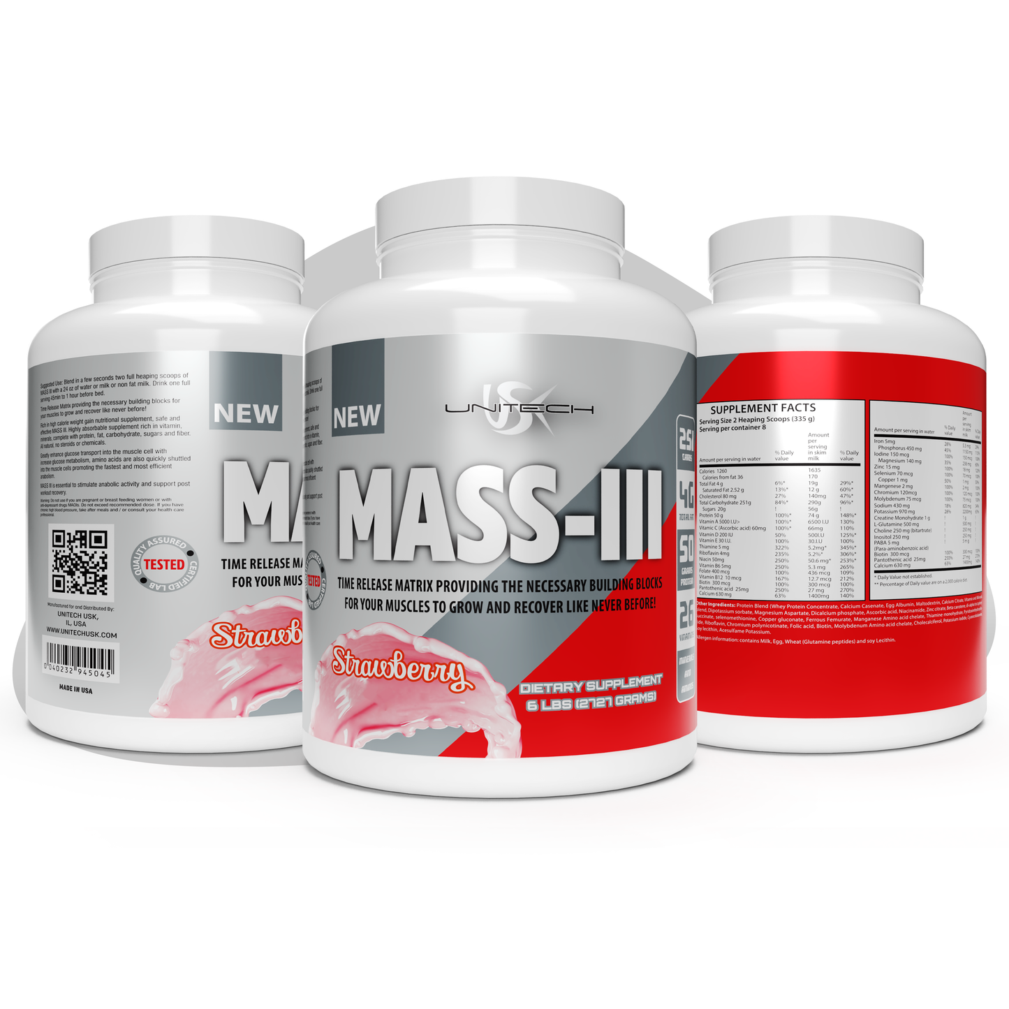 Unitech USK | Mass Strawberry Powder | Absorbable Mass Gainer Supplement | Rich in Protein, Vitamins, & Minerals | Protein Isolate & Concentrate | Supports Muscle Growth & Recovery | Strawberry Flavor, 96oz