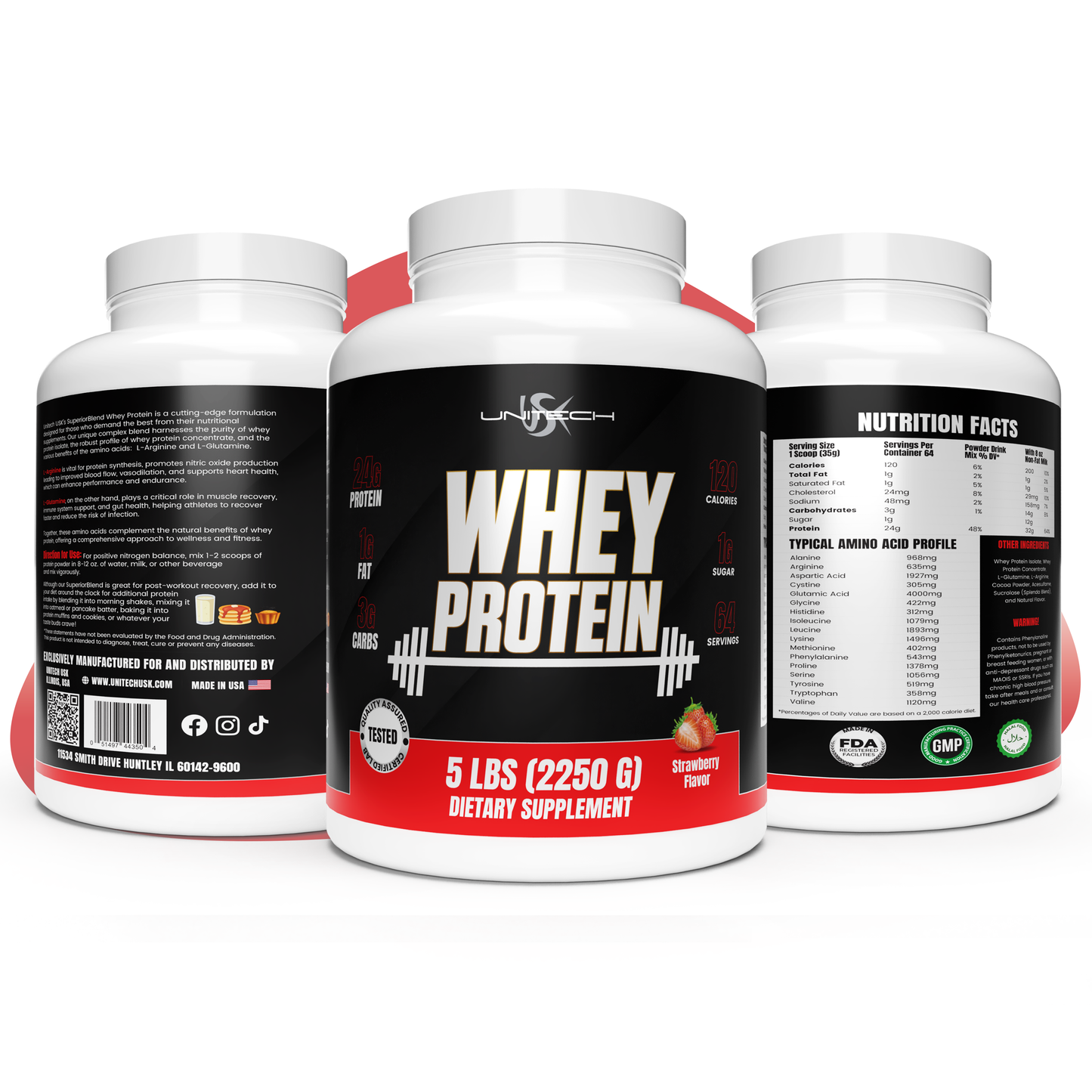 UNITECH USK | Whey Strawberry Protein Powder | Muscle Repair & Metabolism Support | Good Quality Protein with Essential Amino Acids, Enzymes & Minerals | Sports Supplement | Strawberry Flavor, 80oz