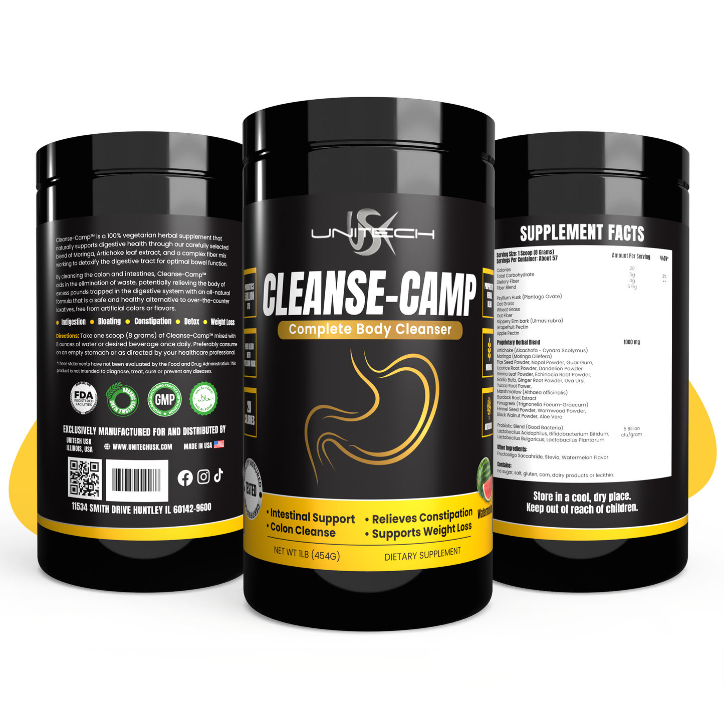 Unitech USK | Cleanse-Camp Powder | Natural Herbal Digestive Cleanse Supplement | Rich with Moringa, Artichoke & Probiotics for Healthy Digestion & Colon Detox | 100% Vegetarian | Watermelon Flavor, 16oz