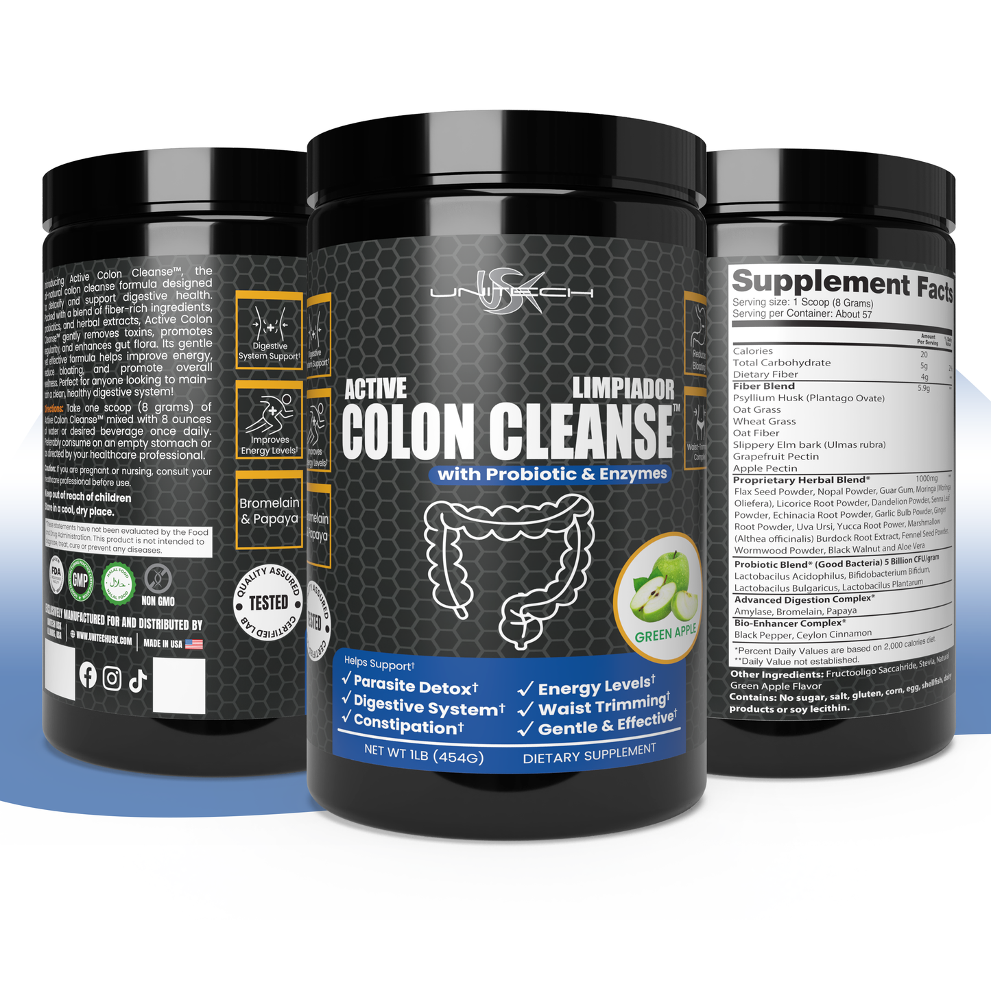 USK Colon Cleanse with Probiotics & Enzymes | Detox & Digestive Support Supplement | Rich with Bromelain & Papaya | Reduces Bloating & Boosts Energy | Green Apple Flavor | 1 lb