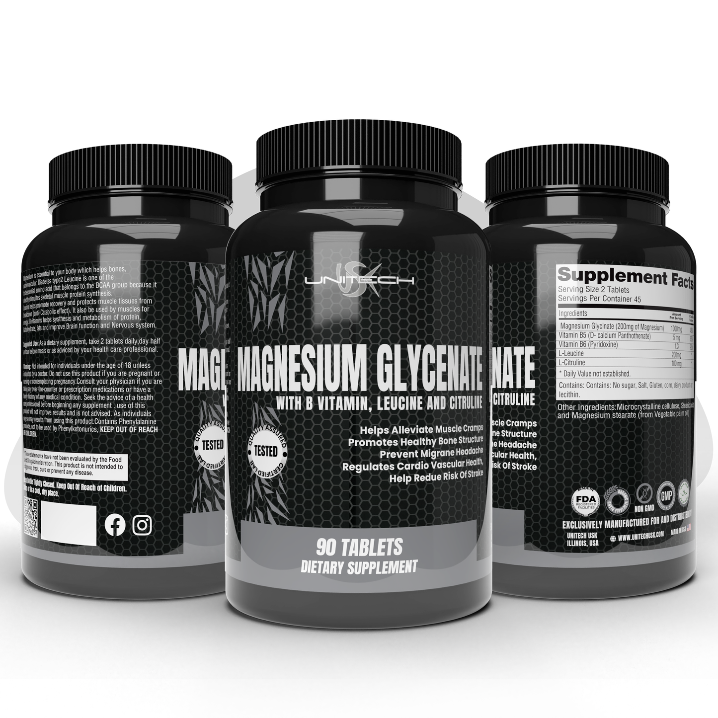 Unitech USK | Magnesium Glycinate Tablets | Immunity Support with B Vitamins, Leucine & Citrulline | Promotes Muscles, Bone Health & Supports Overall Wellness | Dietary Supplement | 90 Tablets