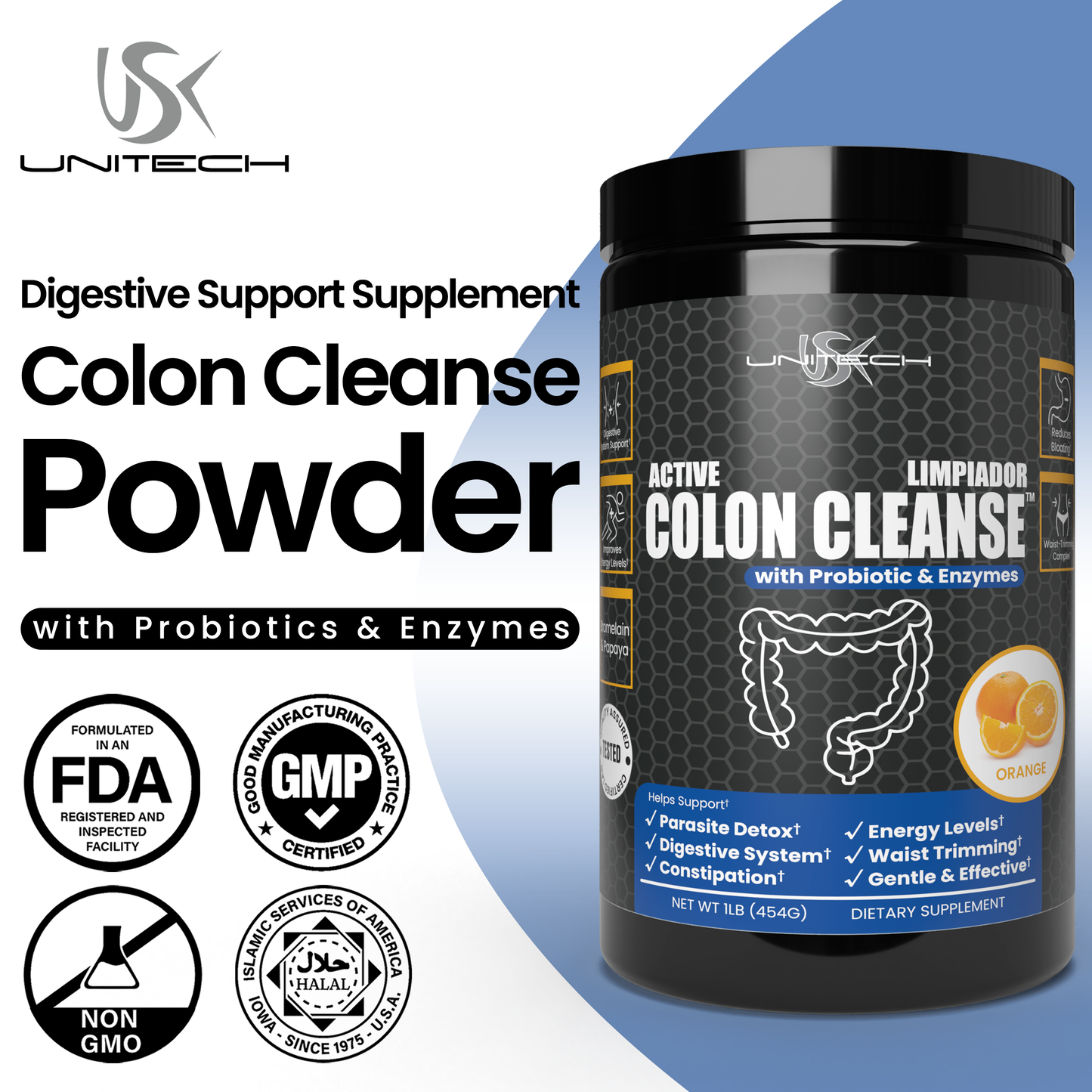 USK Colon Cleanse with Probiotics & Enzymes | Detox & Digestive Support Supplement | Rich with Bromelain & Papaya | Reduces Bloating & Boosts Energy | Orange Flavor | 1 lb