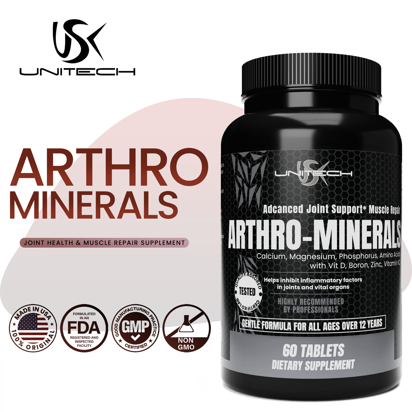 Unitech USK | Arthro Minerals | Supports Bone, Collagen & Muscle Repair | Rich with Calcium, Magnesium, Phosphorus, Zinc, Boron, Vitamin D & K2 | Joint Health Supplement | 60 Tablets