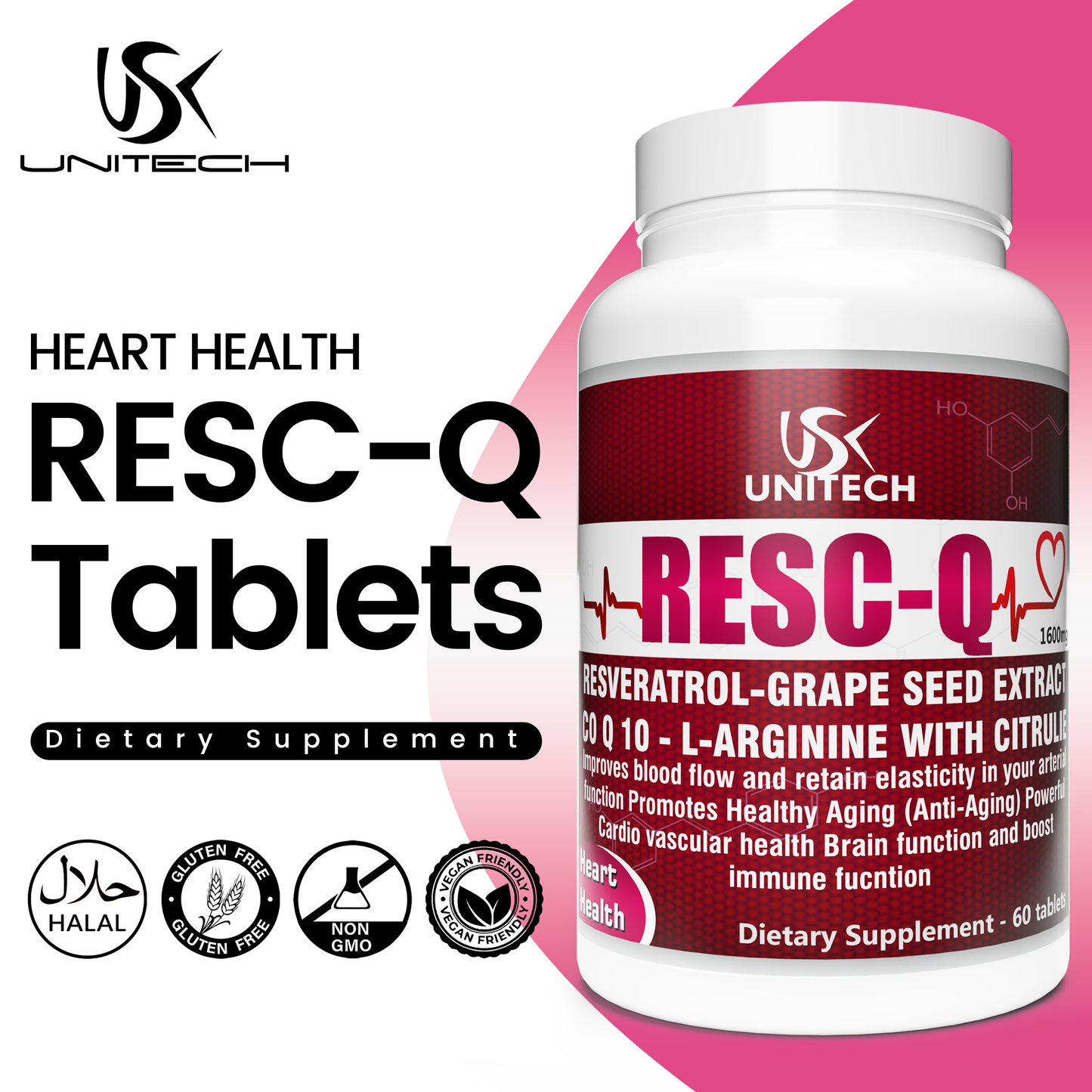 Unitech USK | RESC-Q | Cardiovascular Support & Heart Health | Rich with Resveratrol, L-Arginine, L-Citrulline & Grape Seed Extract | Antioxidant & Enhanced Blood Flow | Dietary Supplement | 60 Tablets