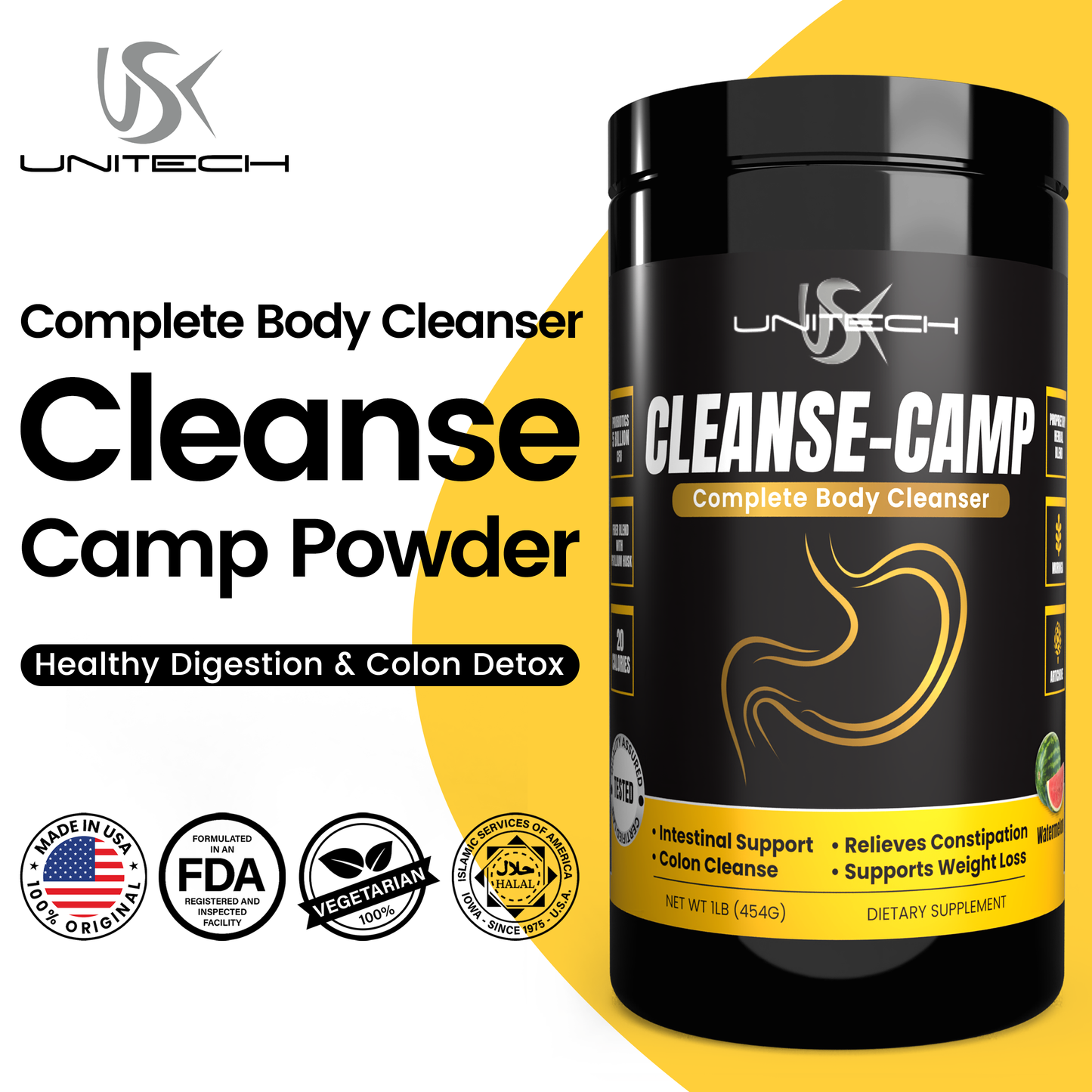 Unitech USK | Cleanse-Camp Powder | Natural Herbal Digestive Cleanse Supplement | Rich with Moringa, Artichoke & Probiotics for Healthy Digestion & Colon Detox | 100% Vegetarian | Watermelon Flavor, 16oz