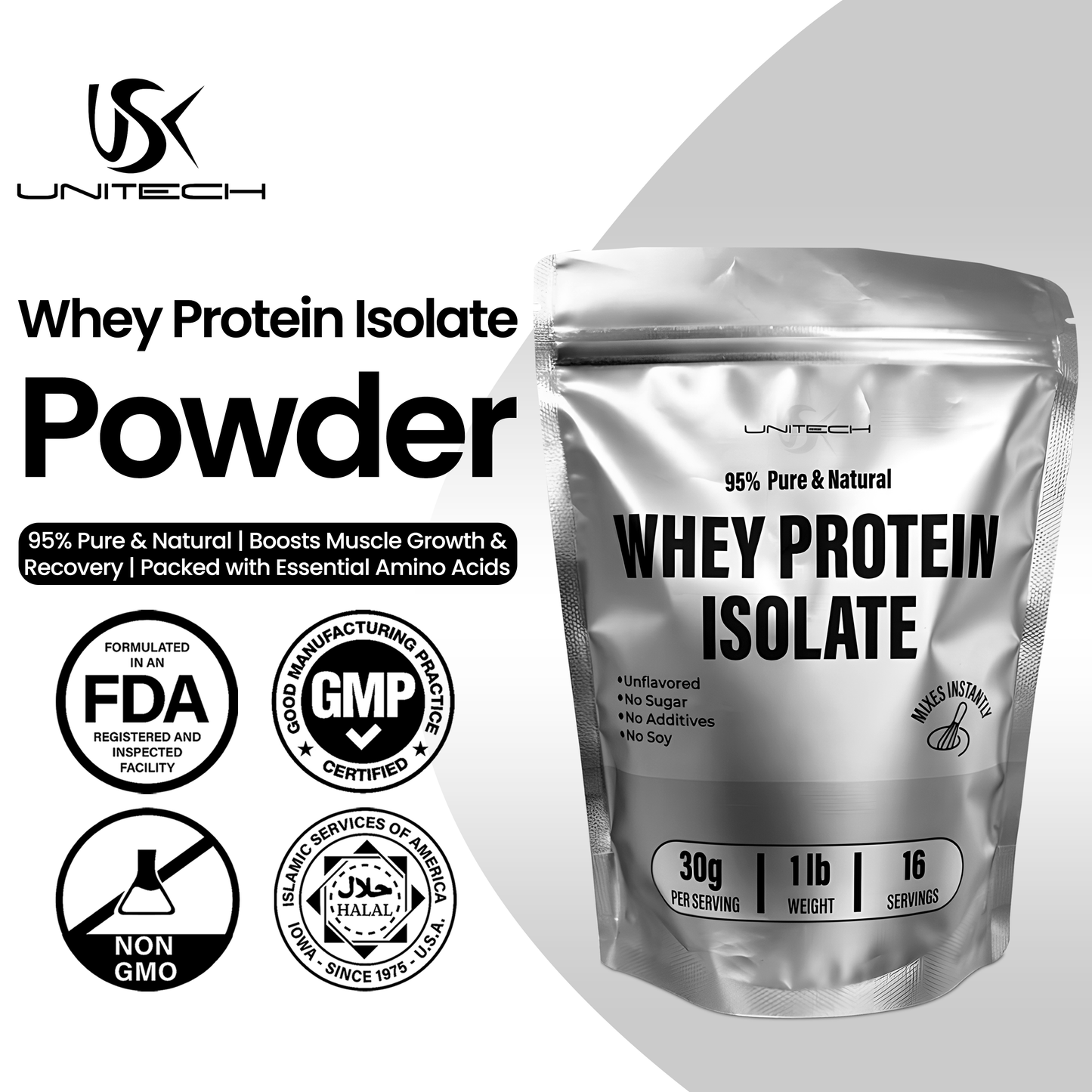 Unitech USK Whey Protein Isolate Powder | 95% Pure & Natural | Supports Muscle Growth & Recovery | Rich with High Nutrition with Amino Acids | Mixes Instantly | Dietary Supplement | 1lb
