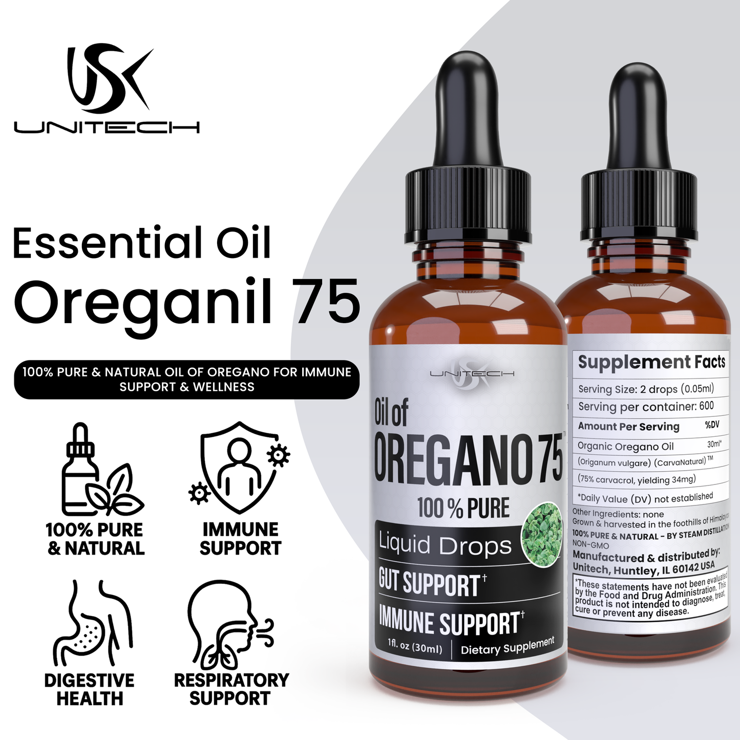 Unitech USK Oreganil 75 Essential Oil | 100% Pure & Natural Oil of Oregano for Immune Support & Wellness | Herbal Extract with Carvacrol & Thymol | Respiratory Support & Digestive Health | 1 fl oz