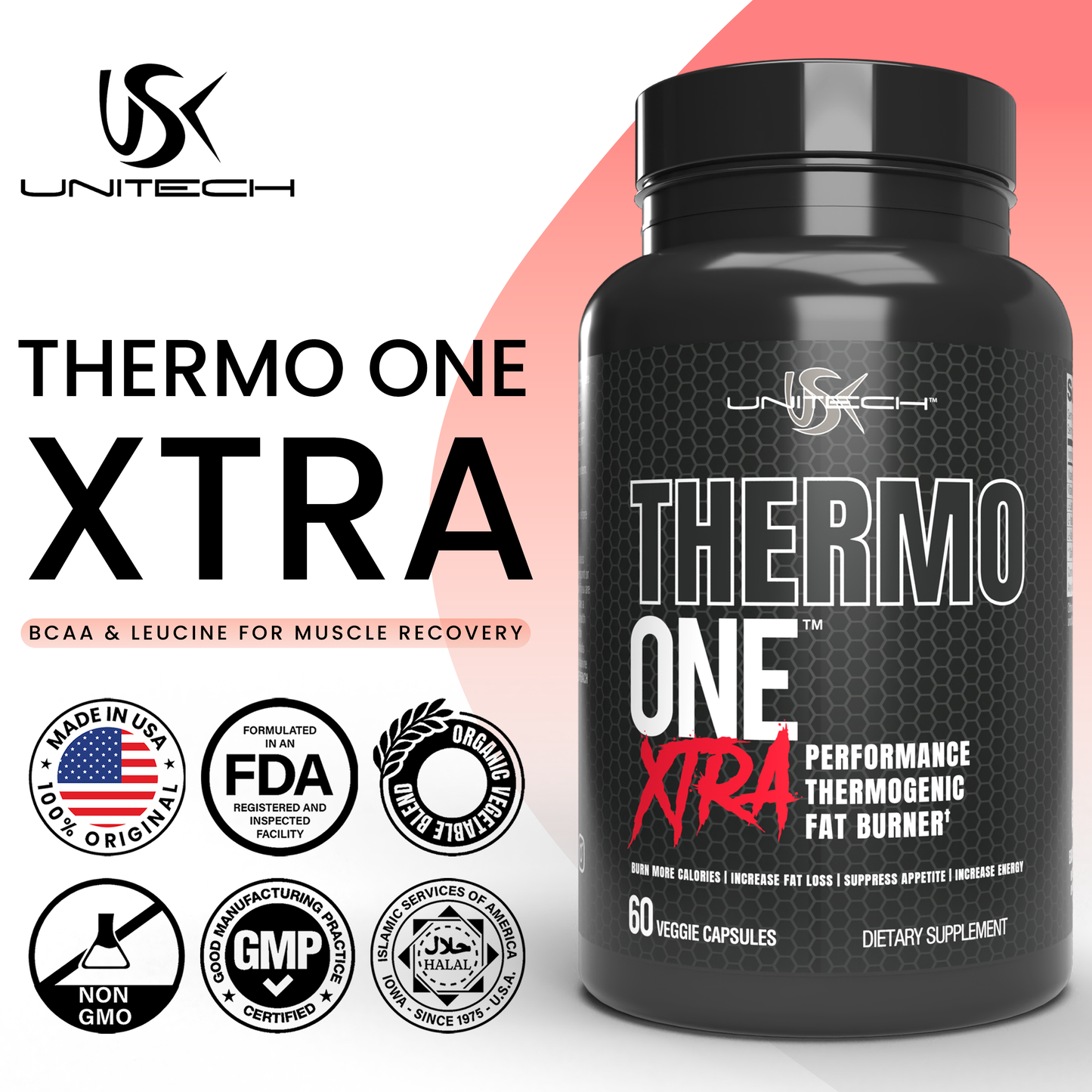Unitech USK Thermo ONE Xtra Performance | Thermogenic Fat Burner for Weight Loss & Energy | Appetite Suppressant with BCAA & Leucine for Muscle Recovery | B Vitamins for Metabolism & Focus | 60 Caps