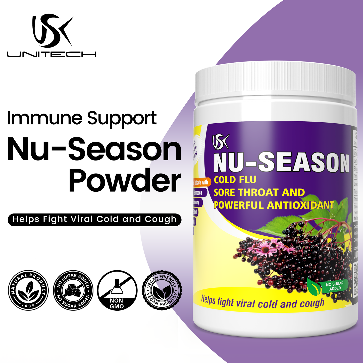 Unitech USK | NU-SEASON | Immune Support Supplement | Vitamin C, Zinc, Echinacea & Elderberry | Non-GMO, Vegan, Antioxidant-Rich Formula for Cold and Flu Relief | 100% Natural, Gluten-Free | 300 grams