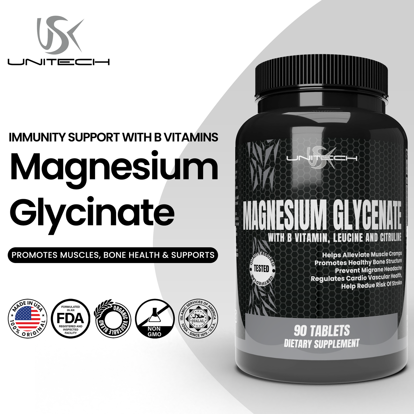 Unitech USK | Magnesium Glycinate Tablets | Immunity Support with B Vitamins, Leucine & Citrulline | Promotes Muscles, Bone Health & Supports Overall Wellness | Dietary Supplement | 90 Tablets