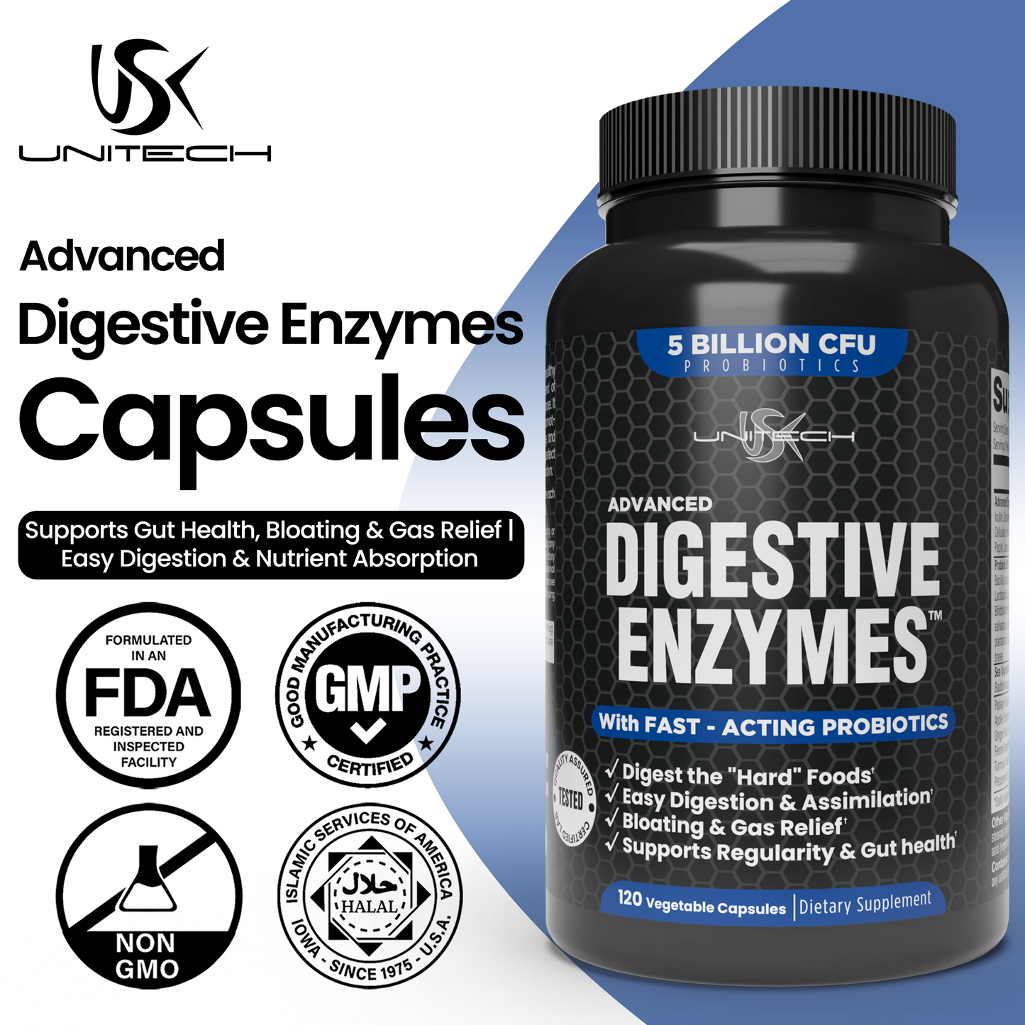 Unitech USK Advanced Digestive Enzymes with 5 Billion CFU Probiotics | Supports Gut Health, Bloating & Gas Relief | Easy Digestion & Nutrient Absorption | Dietary Supplement | 120 Vegetable Capsules