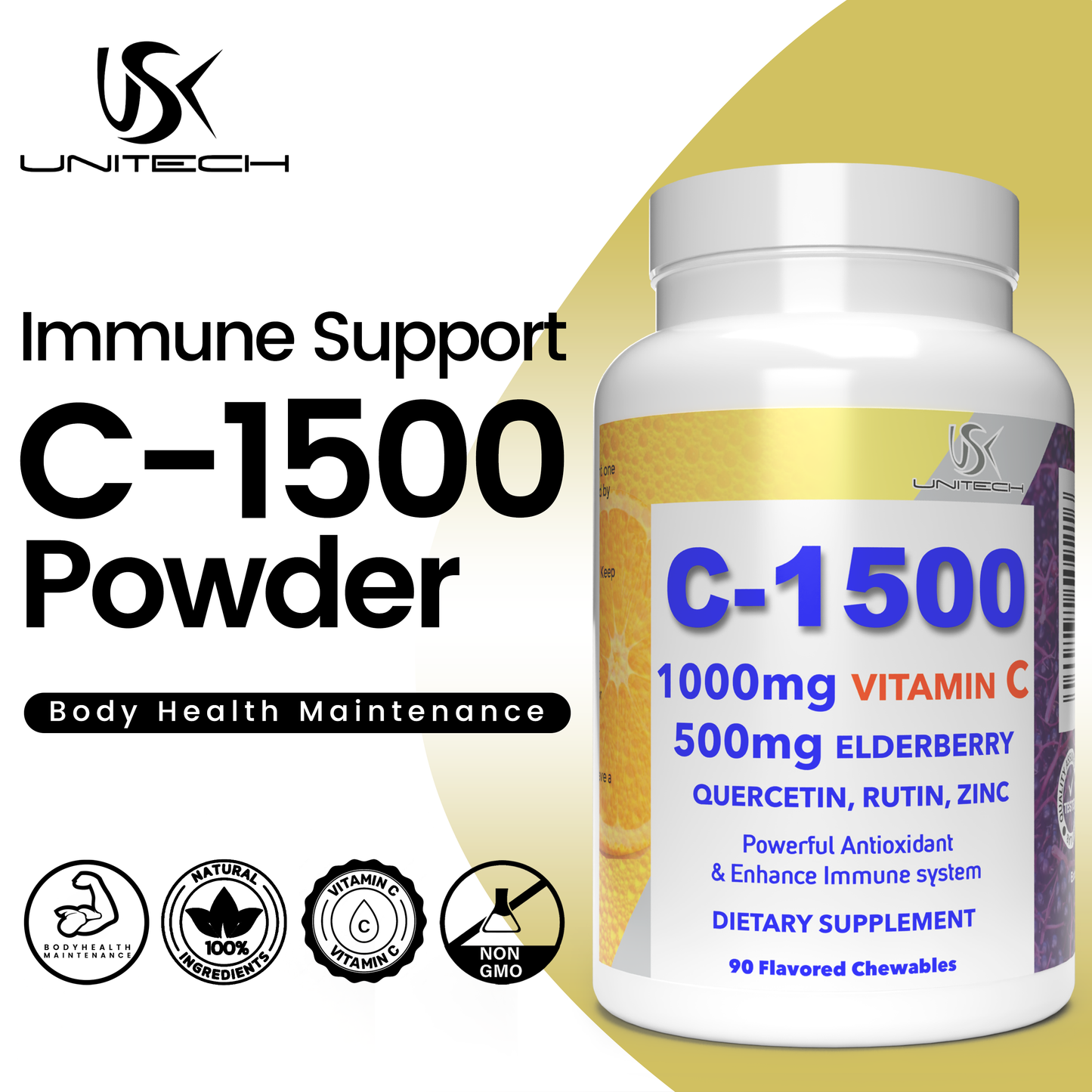 Unitech USK | C-1500 | Immune Support Supplement | Rich with Vitamin C, Elderberry, Quercetin, Rutin, & Zinc | Daily Wellness & Body Health Maintenance | 90 Flavored Chewables