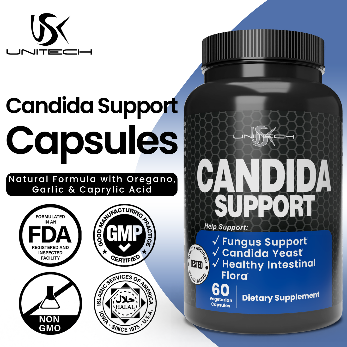 Unitech USK Candida Support | Yeast Cleanse & Gut Health Supplements | Natural Formula with Oregano, Garlic & Caprylic Acid | Supports Healthy Digestion & Immune System | 60 Vegetarian Capsules
