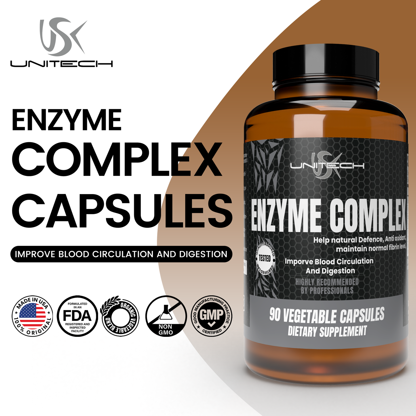 Unitech USK | Enzyme Complex Supplement | Digestive Support with Lipase, Protease, Papain, Bromelain, and Turmeric Extract | Natural Formula for Nutrient Absorption | 90 Vegetable Capsules