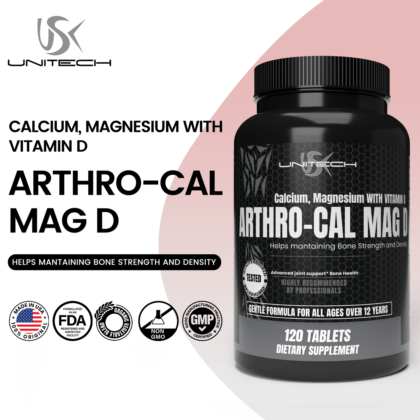 Unitech USK | Arthro-Cal Mag D | Supports Bone Strength, Joint Health, and Metabolic Function | Rich with Calcium, Magnesium, & Vitamin D | Daily Nutritional Support | Dietary Supplement | 60 Tablets