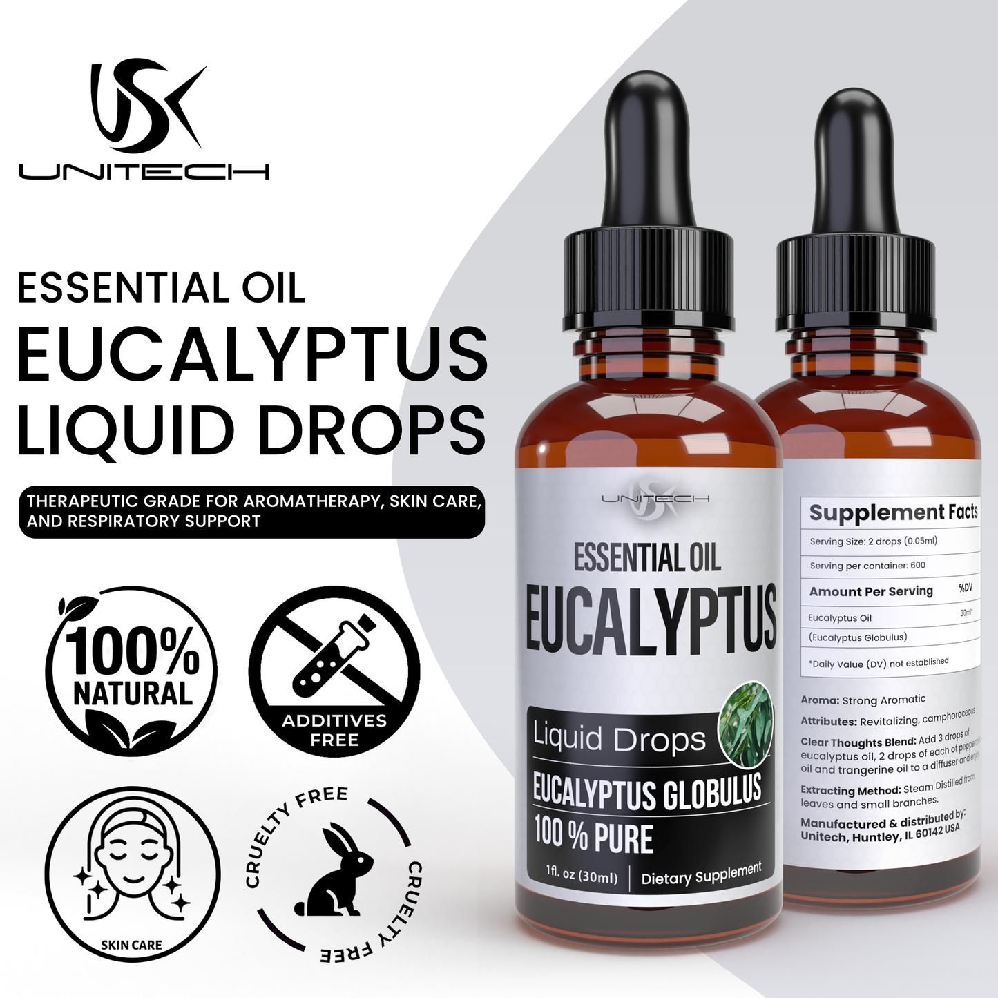 Unitech USK Eucalyptus Essential Oil | 100% Pure & Natural Eucalyptus Globulus Liquid Drops | Therapeutic Grade for Aromatherapy, Skin Care, and Respiratory Support | Dietary Supplement | 30ml