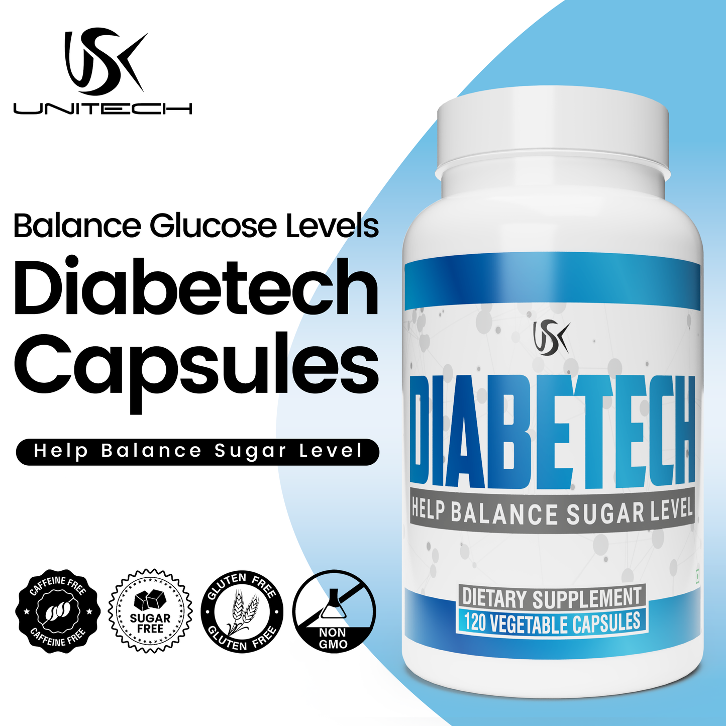 Unitech USK | Diabetech Capsules | Supports Balance Glucose Levels, Metabolic Health, and Insulin Sensitivity | Extracts with Fenugreek, Ceylon Cinnamon, Bitter Melon, and Herbal | 60 Capsules