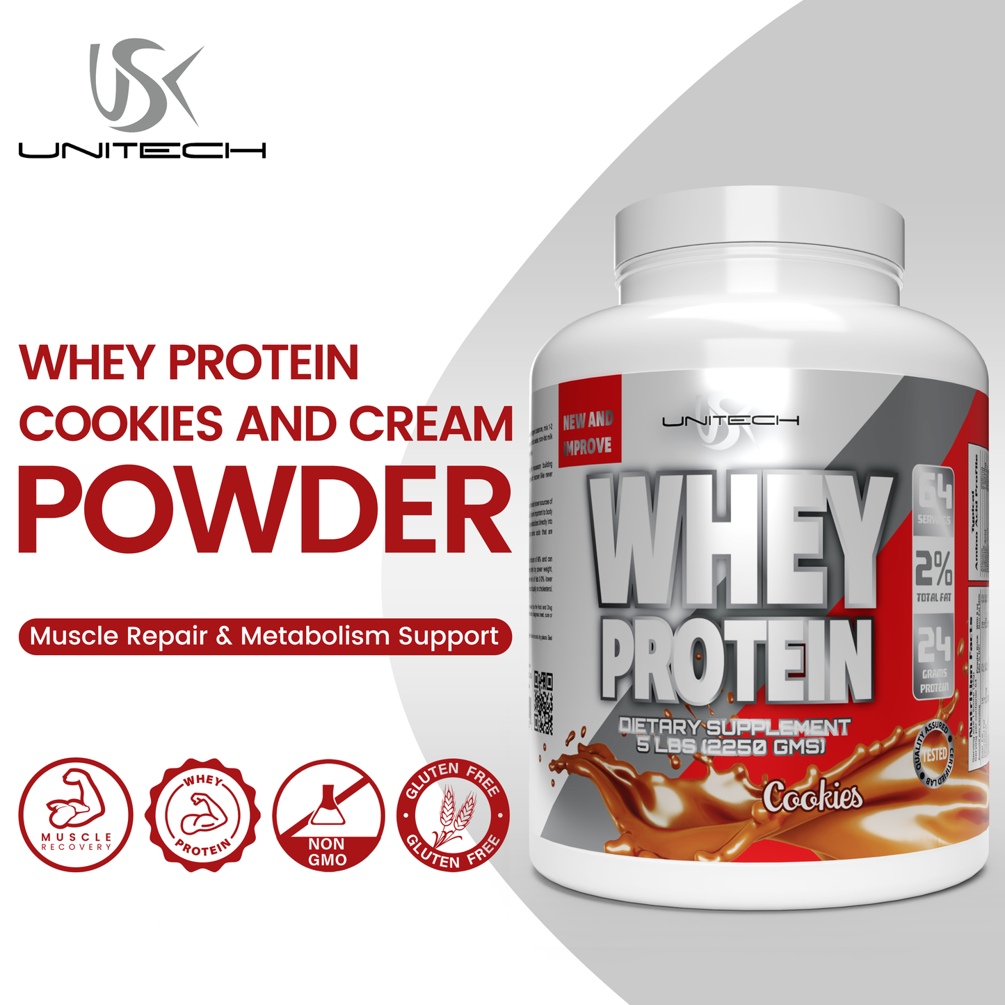 UNITECH USK | Whey Cream & Cookies Protein Powder | Muscle Repair & Metabolism Support | Protein with Essential Amino Acids, Enzymes & Minerals | Sports Supplement | Cream & Cookies Flavor, 80oz