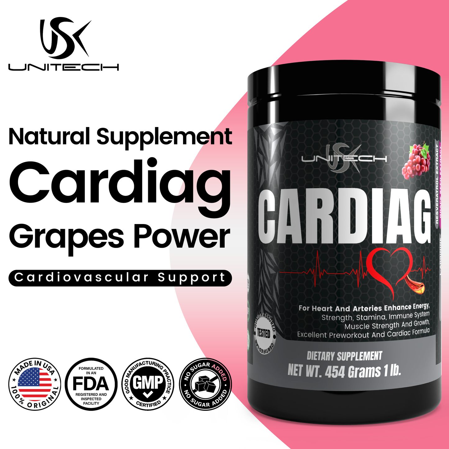 Unitech USK | Cardiag Grape Powder | Natural Supplement for Cardiovascular Support | L-Arginine, L-Citrulline, Grape Seed Extract, Resveratrol, and Coenzyme Q10 | 16 oz