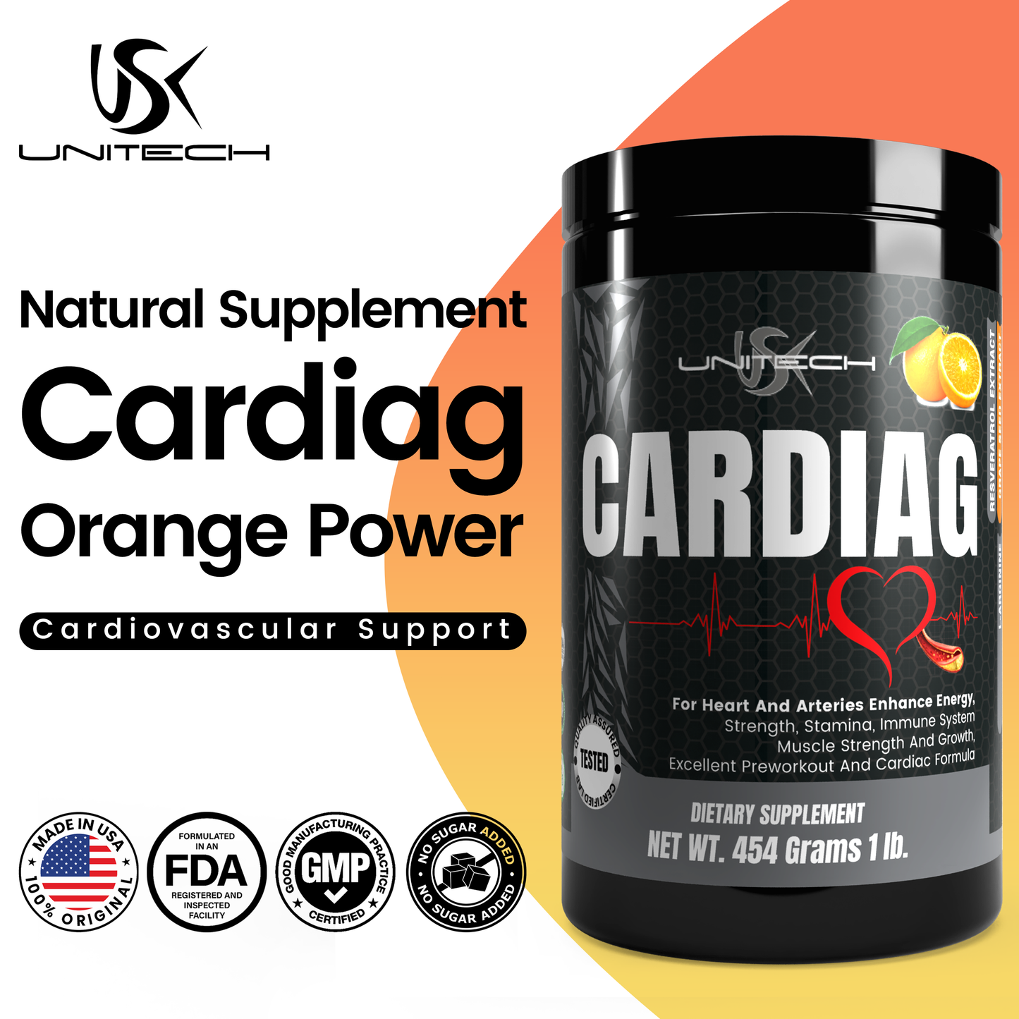 Unitech USK | Cardiag Orange Powder | Natural Supplement for Cardiovascular Support | L-Arginine, L-Citrulline, Orange Seed Extract, Resveratrol, and Coenzyme Q10 | 16 oz