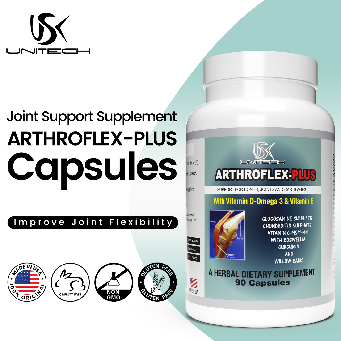 USK ARTHROFLEX-PLUS | Joint Health Supplement | Natural Ingredients with Glucosamine, Chondroitin, & Turmeric | Cartilage Repair, Bone Strength, Flexibility, & Mobility for Men & Women | 90 Capsules