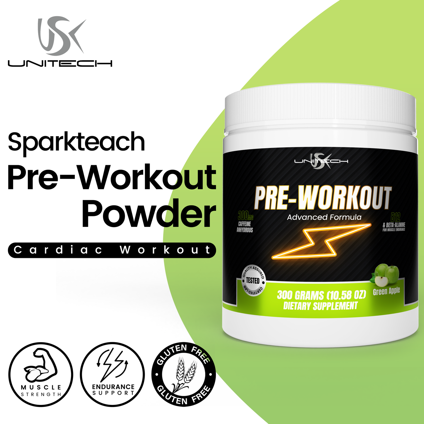 Unitech USK | Sparktech Pre Workout Powder | Energy Boost for Improved Performance, Strength & Focus | Rich with Vitamin C, B-Vitamins, Electrolytes & Amino Acids | Green Apple Flavor, 300g