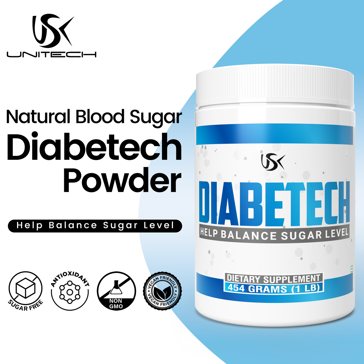 Unitech USK | Diabetech Powder | Natural Blood Sugar Support Supplement with Fenugreek, Ceylon Cinnamon, Bitter Melon, and Berberine | Enhances Insulin Sensitivity & Supports Glucose | 16 oz
