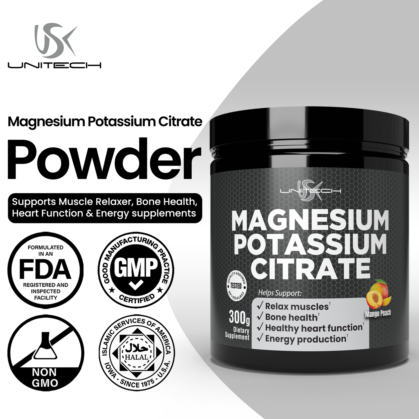 Unitech USK Magnesium Potassium Citrate Powder | Supports Muscle Relaxer, Bone Health, Heart Function & Energy supplements | Rich with Magnesium, Potassium, & Vitamins | Mango Peach Flavor, 300g