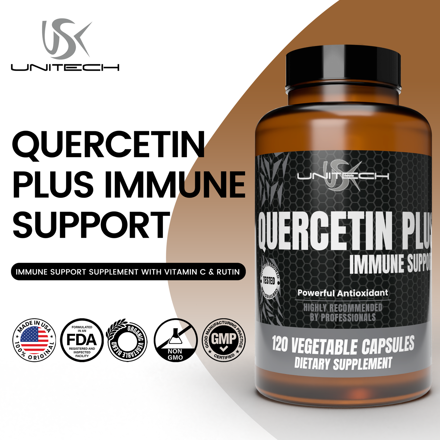 Unitech USK | Quercetin Plus | Immune System Support | Antioxidants Supplement with Quercetin, Vitamin C & Rutin | Promotes Overall Wellness & Healthy Cellular Function | 60 Capsules
