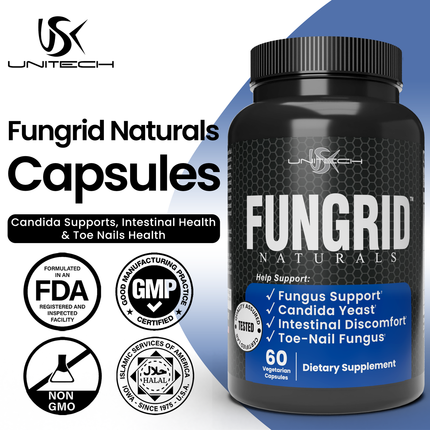 Unitech USK Fungrid Naturals | Fungus Support Supplement | Candida Supports, Intestinal Health & Toe Nails Health | Herbal Blend with Walnut, Oregano Leaf & Wormwood | 60 Vegetarian Capsules