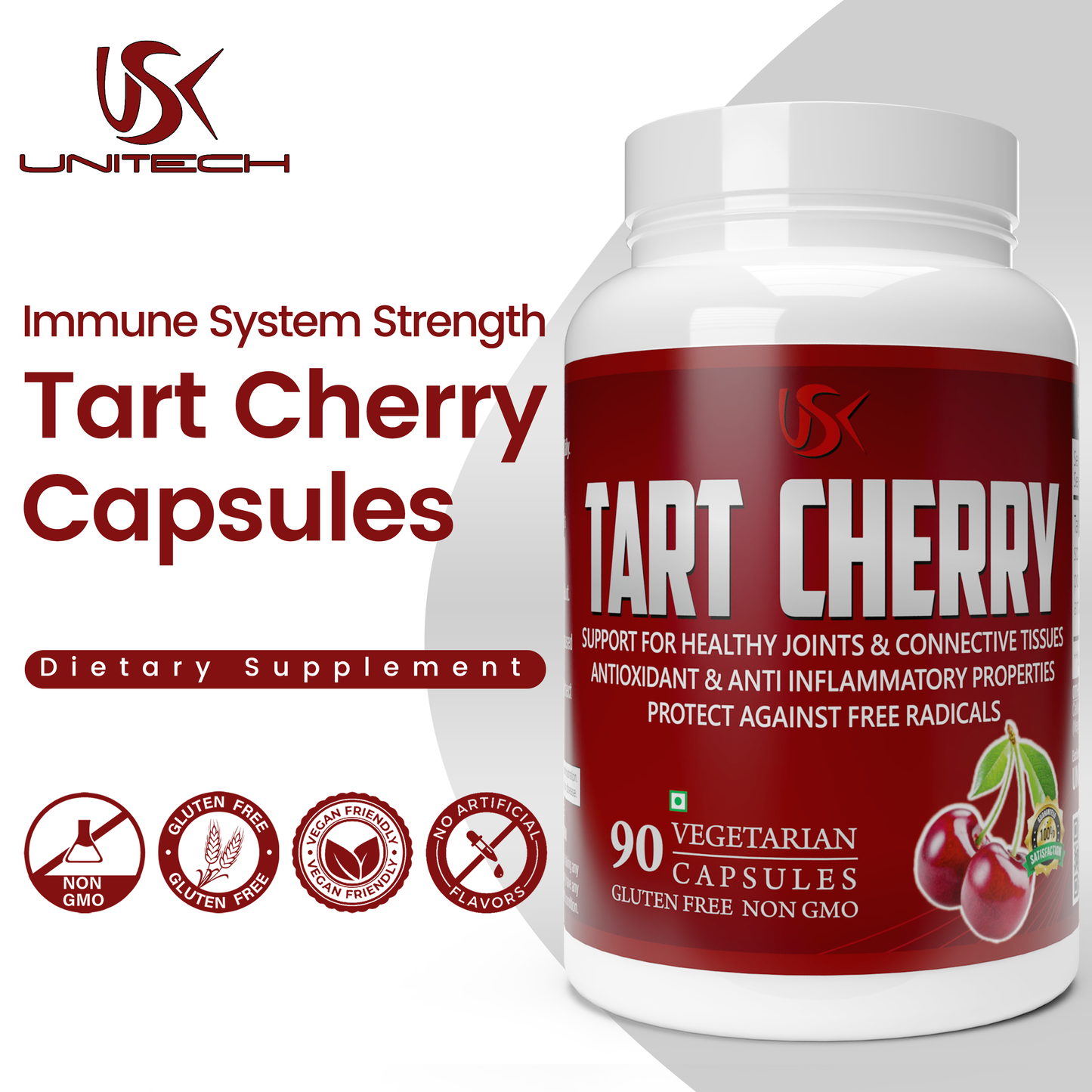Unitech USK | Tart Cherry Capsules | Joint Support, Immune System Strength, & Muscle Recovery | Rich with Antioxidant, Tart Cherry, Cellulose, & Magnesium | Dietary Supplement | 90 Vegetarian Capsules
